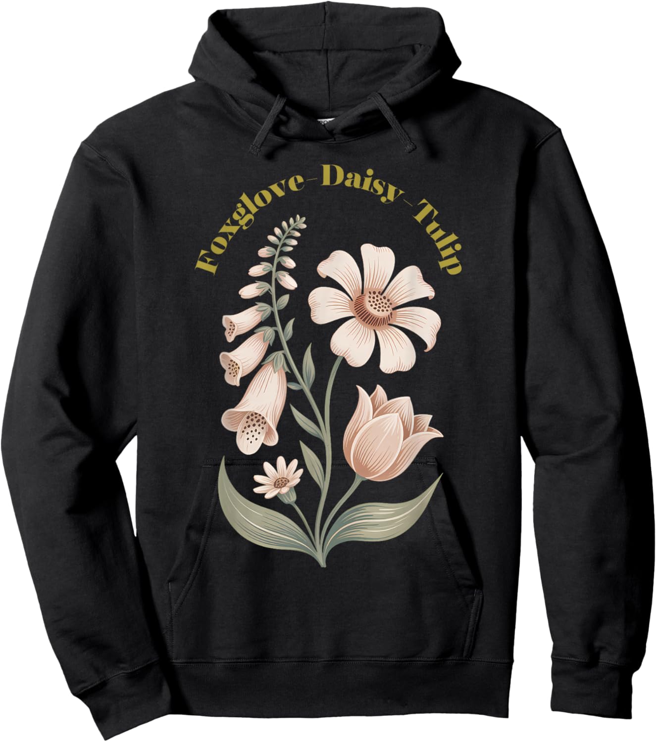 Foxglove Daisy Tulip Vintage Flower Arrangement Wildflower Hoodie - Hoodie | Black