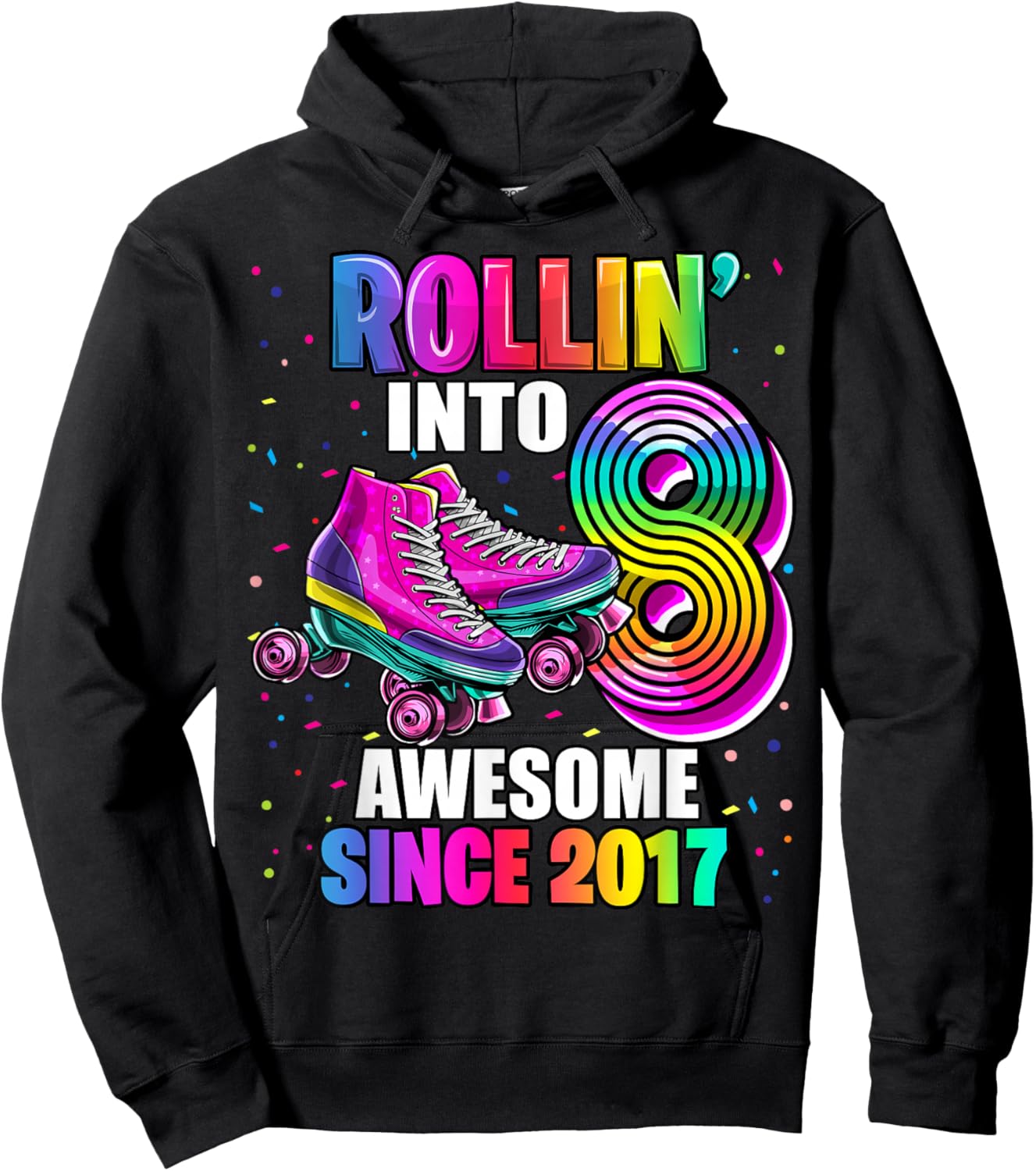 Birthday Roller Skating 8th Girls Rollin into 8 Skate Party Hoodie - Hoodie | Black