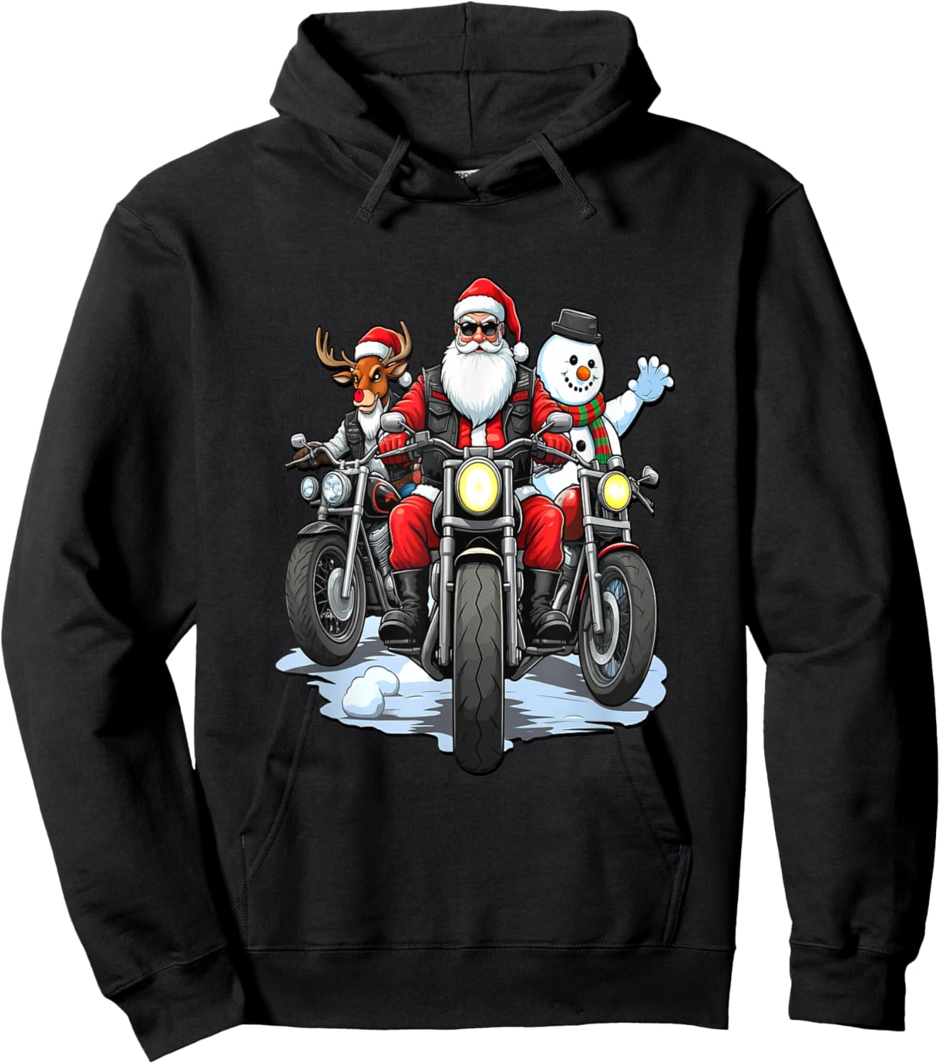 Santa, Reindeer & Snowman Bikers on Motorcycles Hoodie - Hoodie | Black