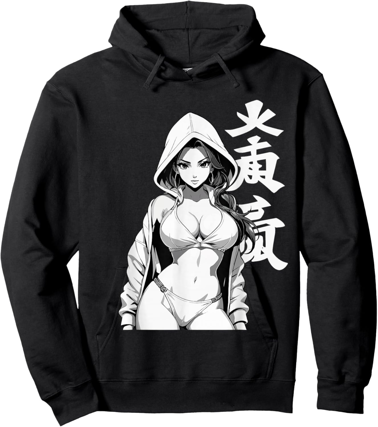 Sexy Waifu Sport Anime Girl Japanese in Black White Art Hoodie - Hoodie | Black