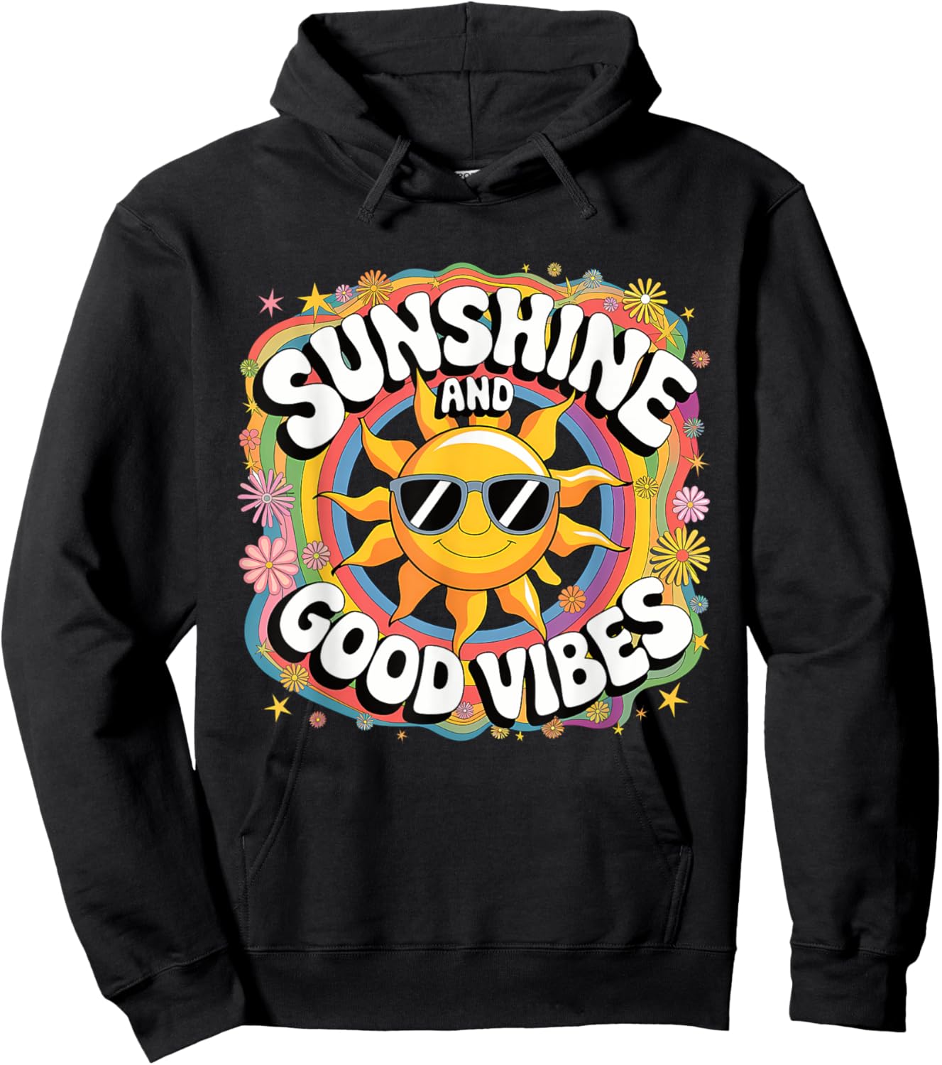 Retro Sunshine Summer 70s Aesthetic Sunflower Rainbow Boho Hoodie - Hoodie | Black