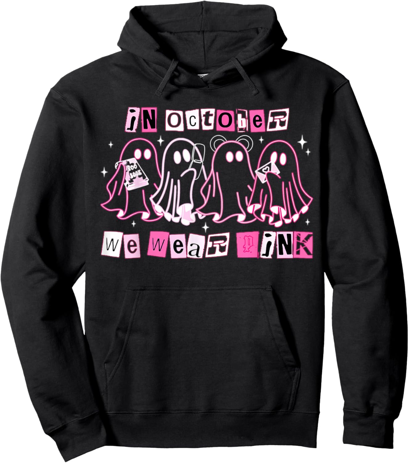 in October We Wear Pink Ghost Boo Halloween Breast Cancer Hoodie - Hoodie | Black