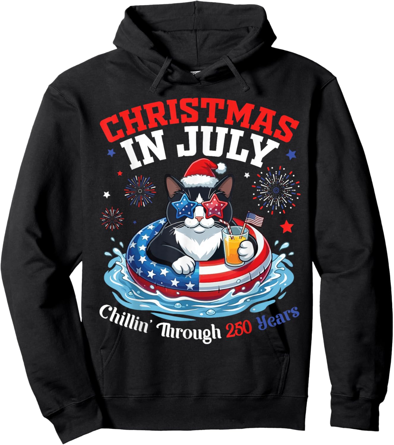 Christmas in July Tuxedo Cat Chillin Through 250 Yrs Birth Hoodie - Hoodie | Black