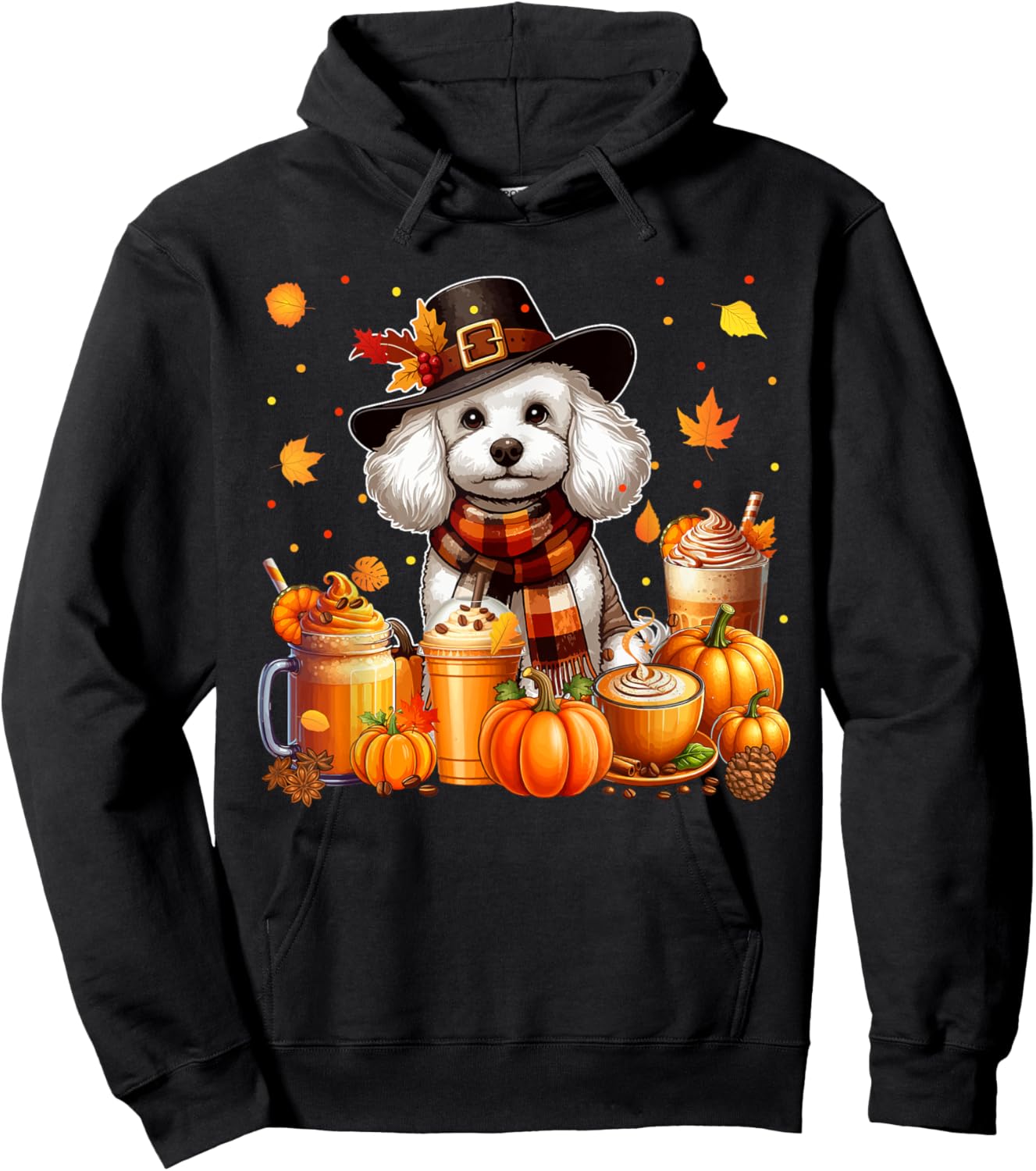 Poodle Thanksgiving Drinks Coffee Fall Leaves Pumpkins Hoodie - Hoodie | Black