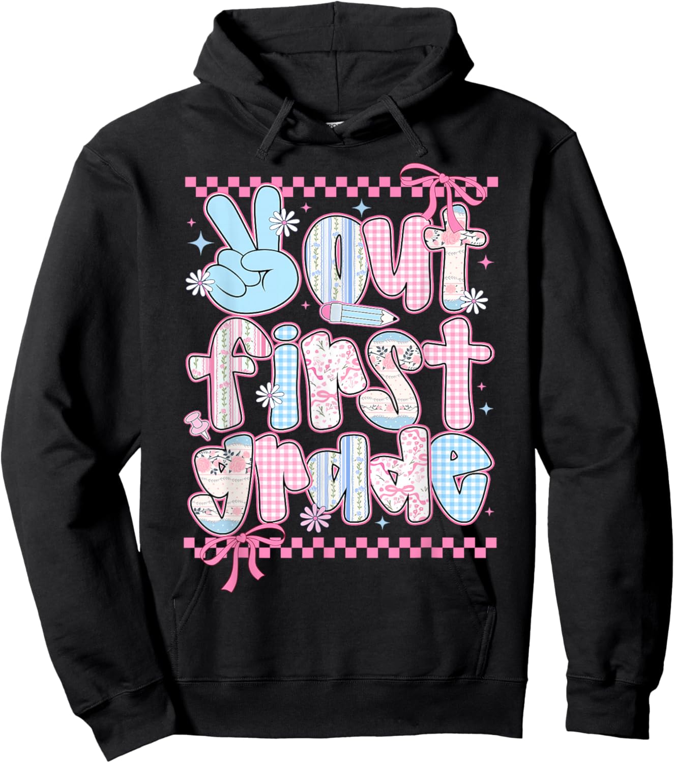 Peace Out First Grade Happy Last Day of School Coquette Bow Hoodie - Hoodie | Black