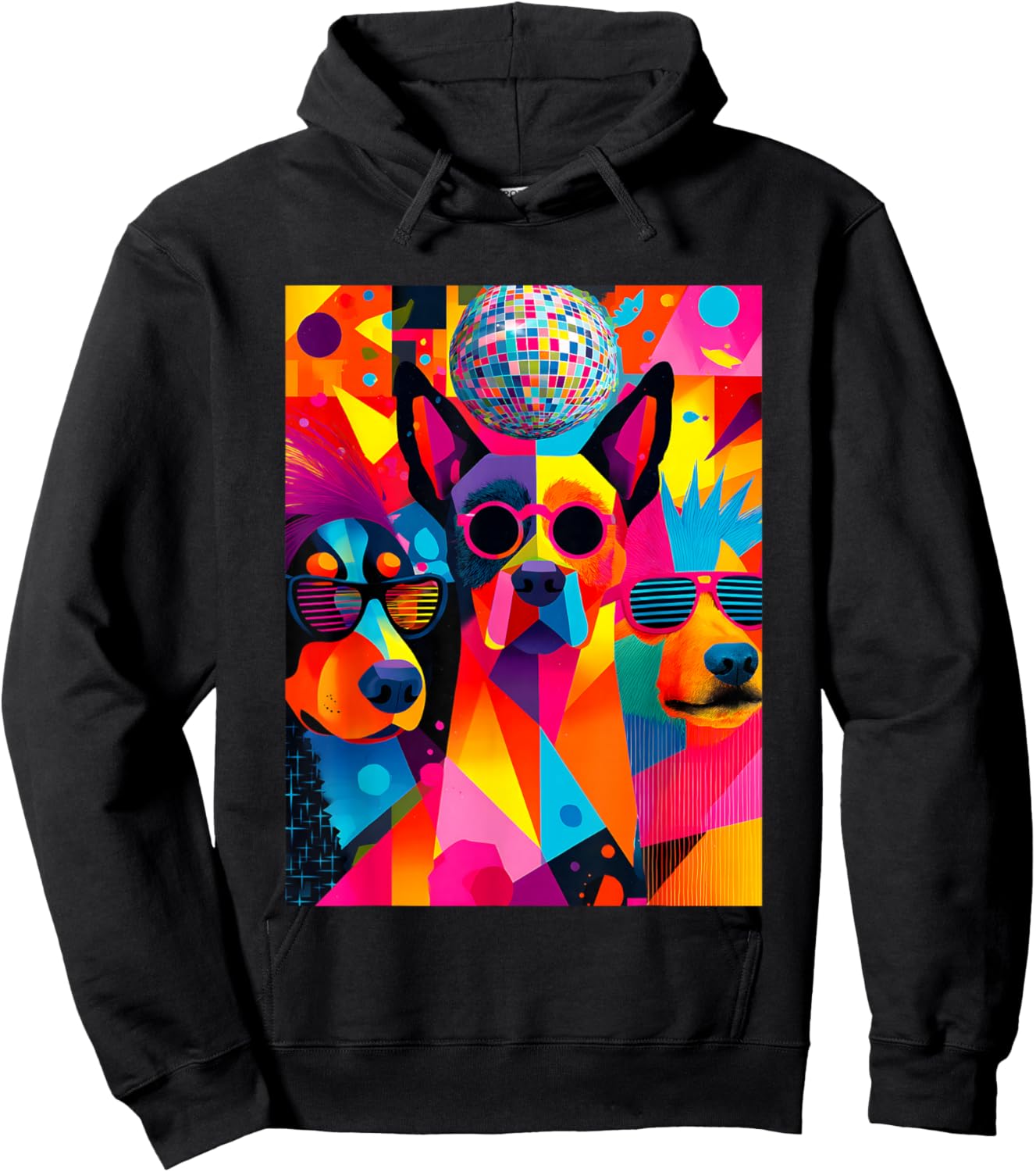 Disco Dogs Colorful Portrait – Funky Retro Party Pup Art Hoodie - Hoodie | Black