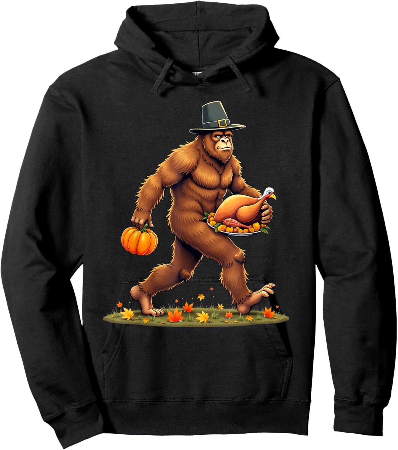 Funny Bigfoot Thanksgiving Day Pilgrim Turkey Pumpkin Hoodie - Hoodie | Black