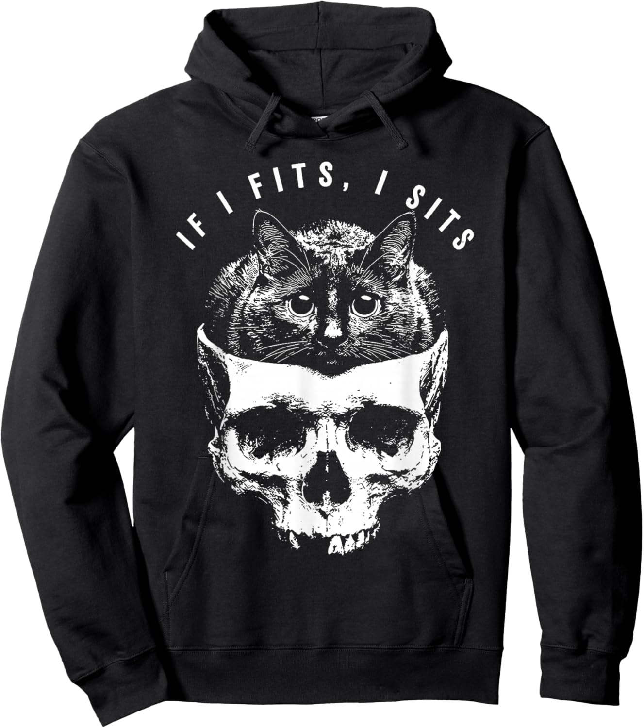 If I Fits I Sits Black Cat Skull Gothic Dark Funny Cat Meme Hoodie - Hoodie | Black