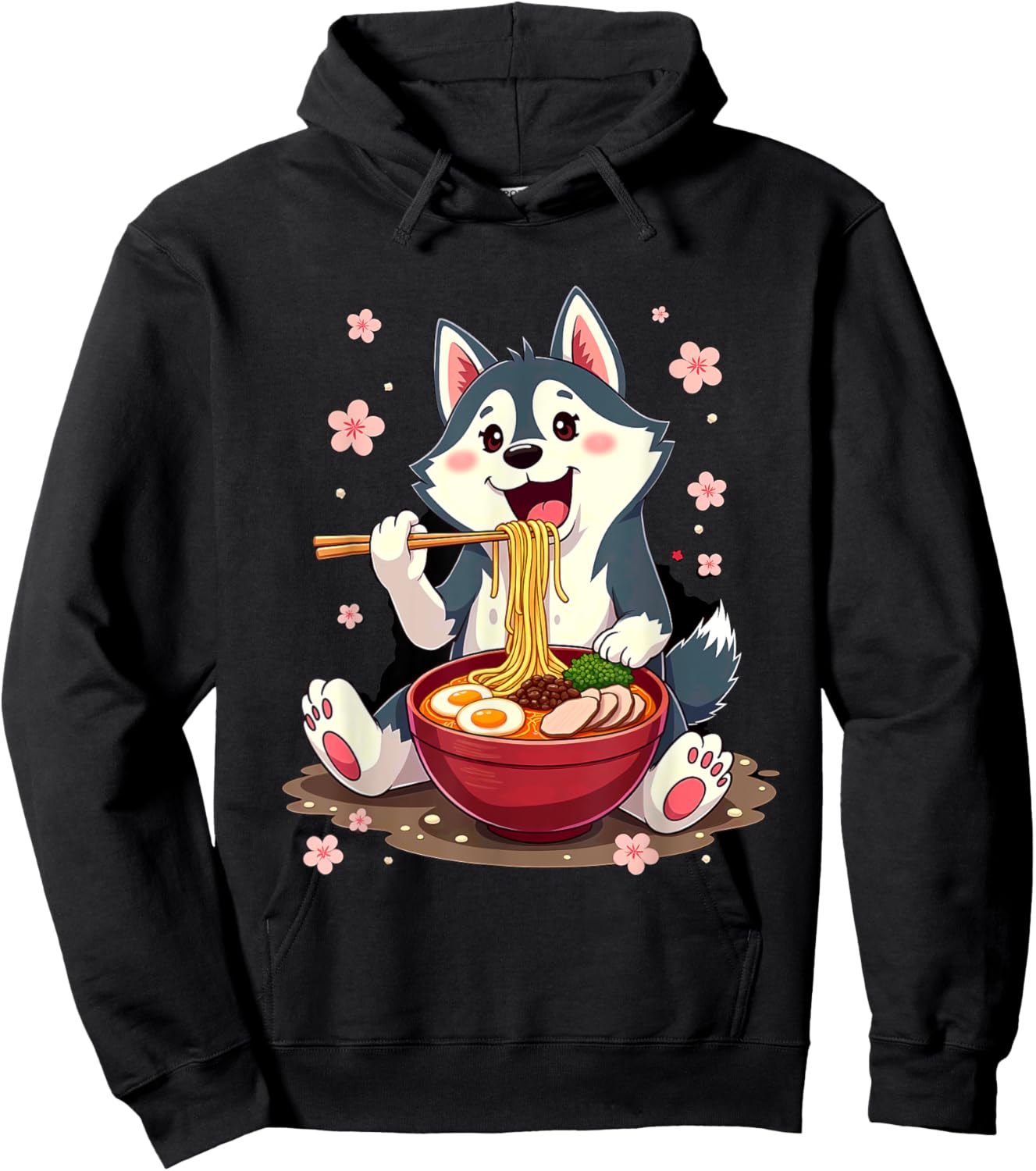 Otaku Husky Dog Ramen Noodles -Adult Anime Manga Kawaii Husky Dog Eating Ramen Black Small Classic Fit Short Sleeve Cotton Blend Machine Wash Hoodie - Hoodie | Black