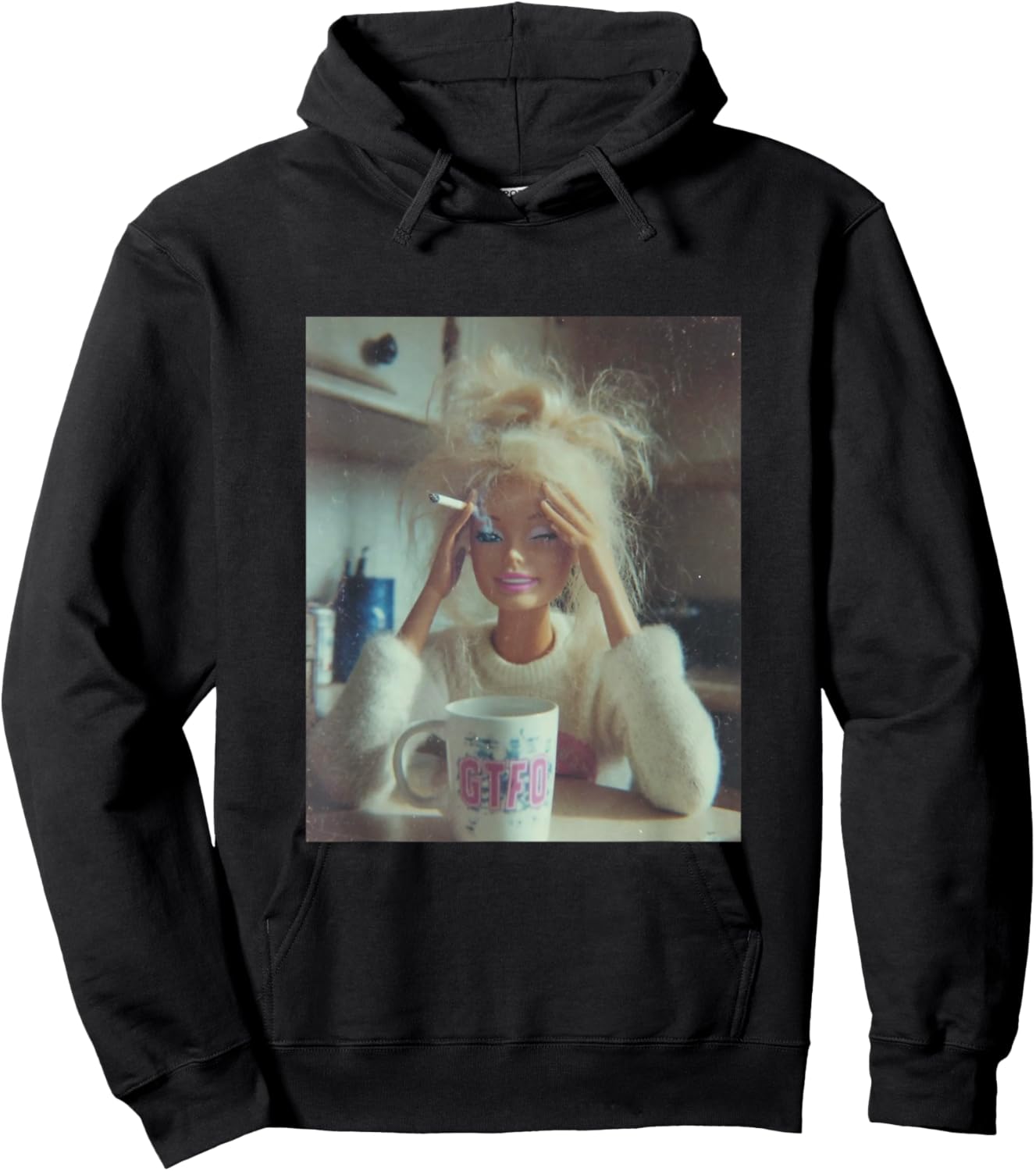 Funny Worn Doll Face Meme Smoking Sarcastic Humor Gift Hoodie - Hoodie | Black