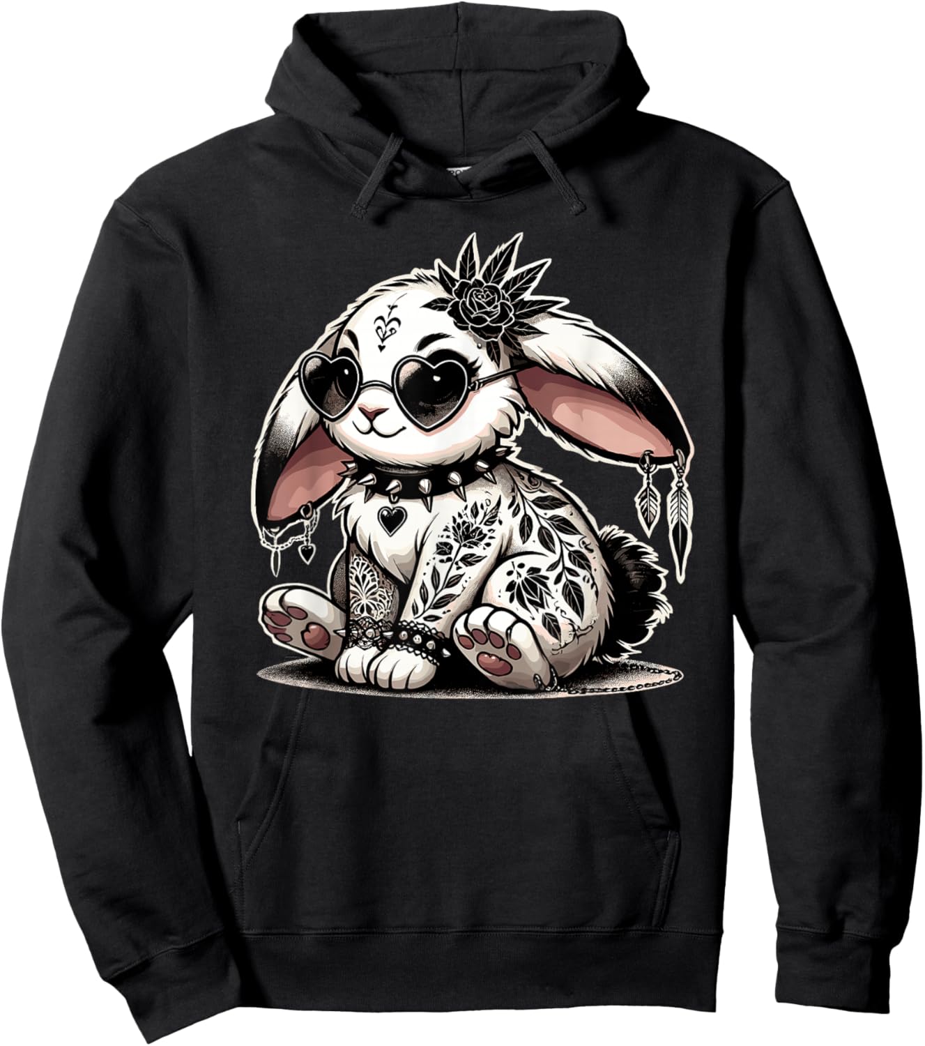 Gothic Bunny with Floral Punk Tattoos & Spiked Collar Hoodie - Hoodie | Black