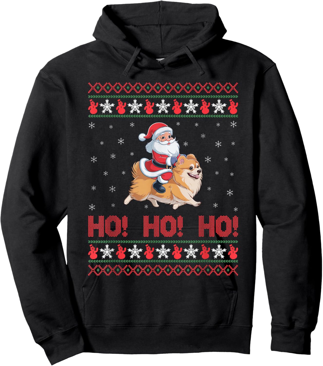 Ho Ho Ho Santa Riding Pomeranian Dog Ugly Christmas Sweater Men Women Kids Hoodie - Hoodie | Black