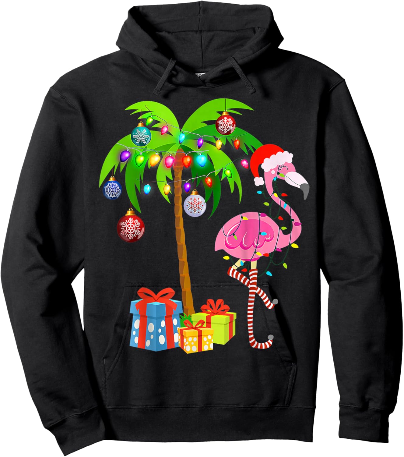 Pink Flamingo Christmas Palm Tree Tropical Xmas Holiday Hoodie - Hoodie | Black
