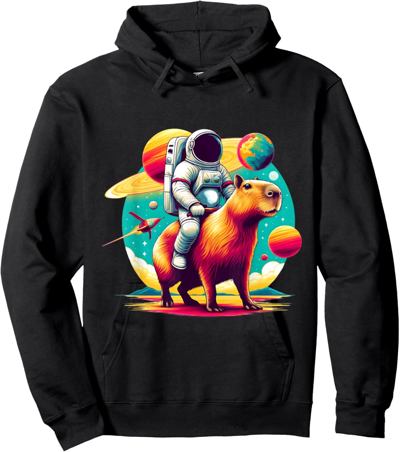 Space Astronaut Riding Capybara Lover Men Boys Funny Graphic Hoodie - Hoodie | Black