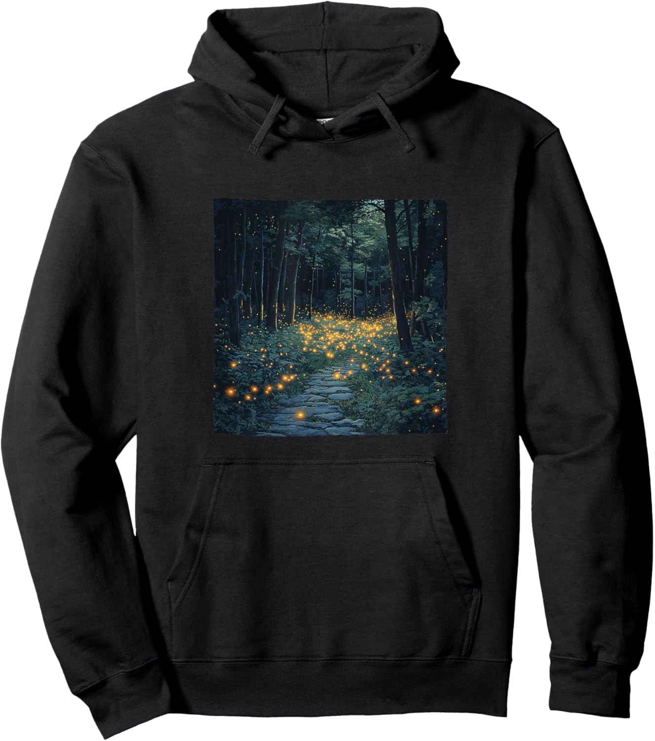 Forest With Fireflies Vintage Landscape Graphic Hoodie - Hoodie | Black