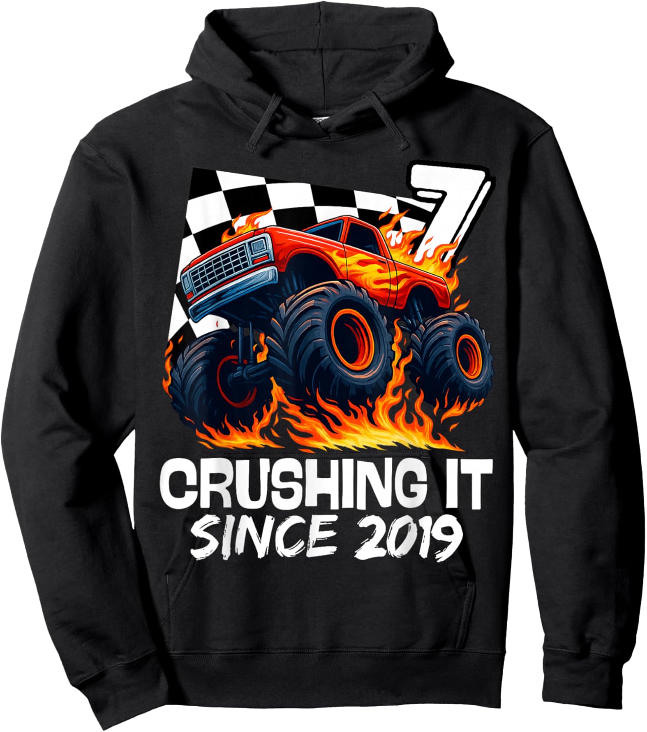 Birthday Monster Truck 7 Year Old Boys 7th Party Born 2019 Hoodie - Hoodie | Black