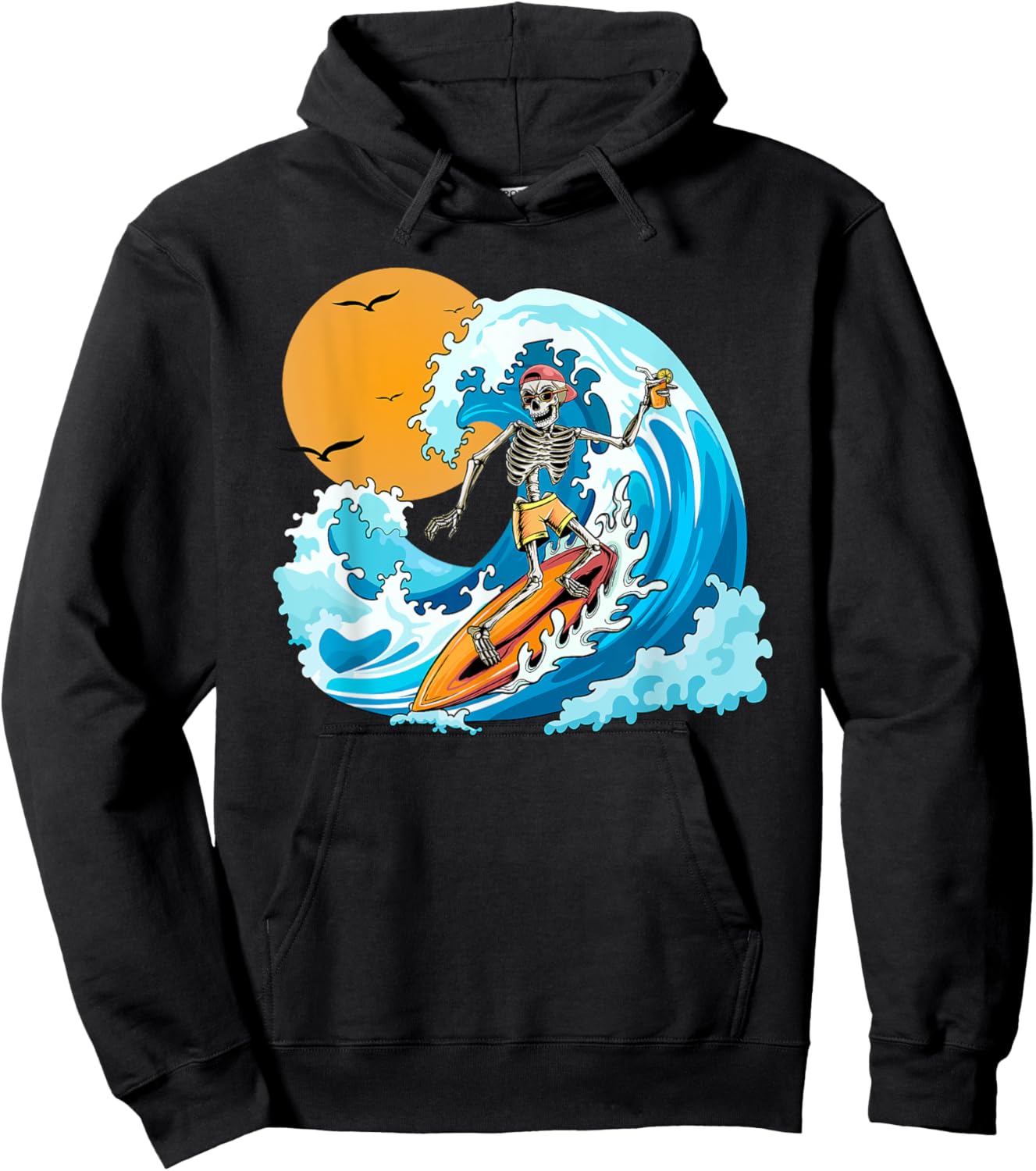 COOL Boy Summer Vacation Skeleton Surfing Hawaii Hawaiian Hoodie - Hoodie | Black