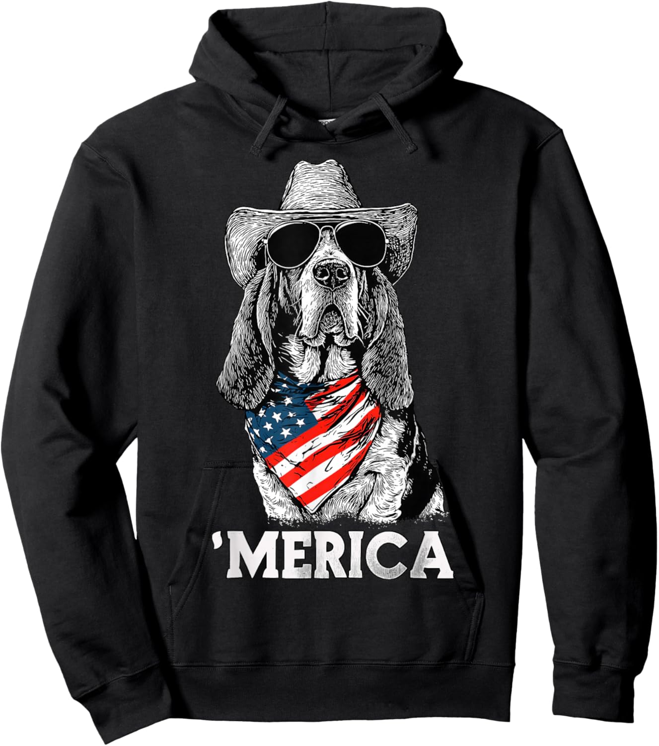 Basset Hound American Flag Bandana Cowboy Hat Sunglasses Hoodie - Hoodie | Black