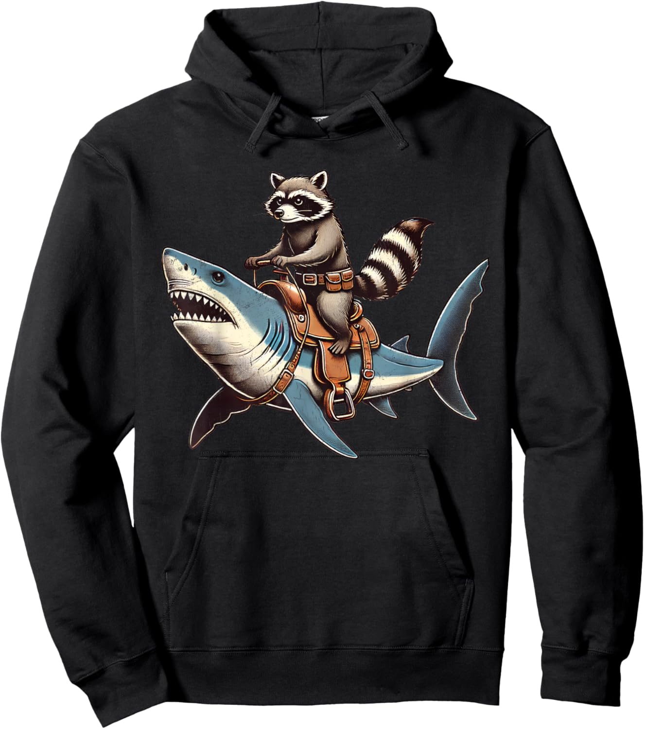 Vintage Raccoon Shark Rider Funny Retro Raccoon Riding Shark Hoodie - Hoodie | Black