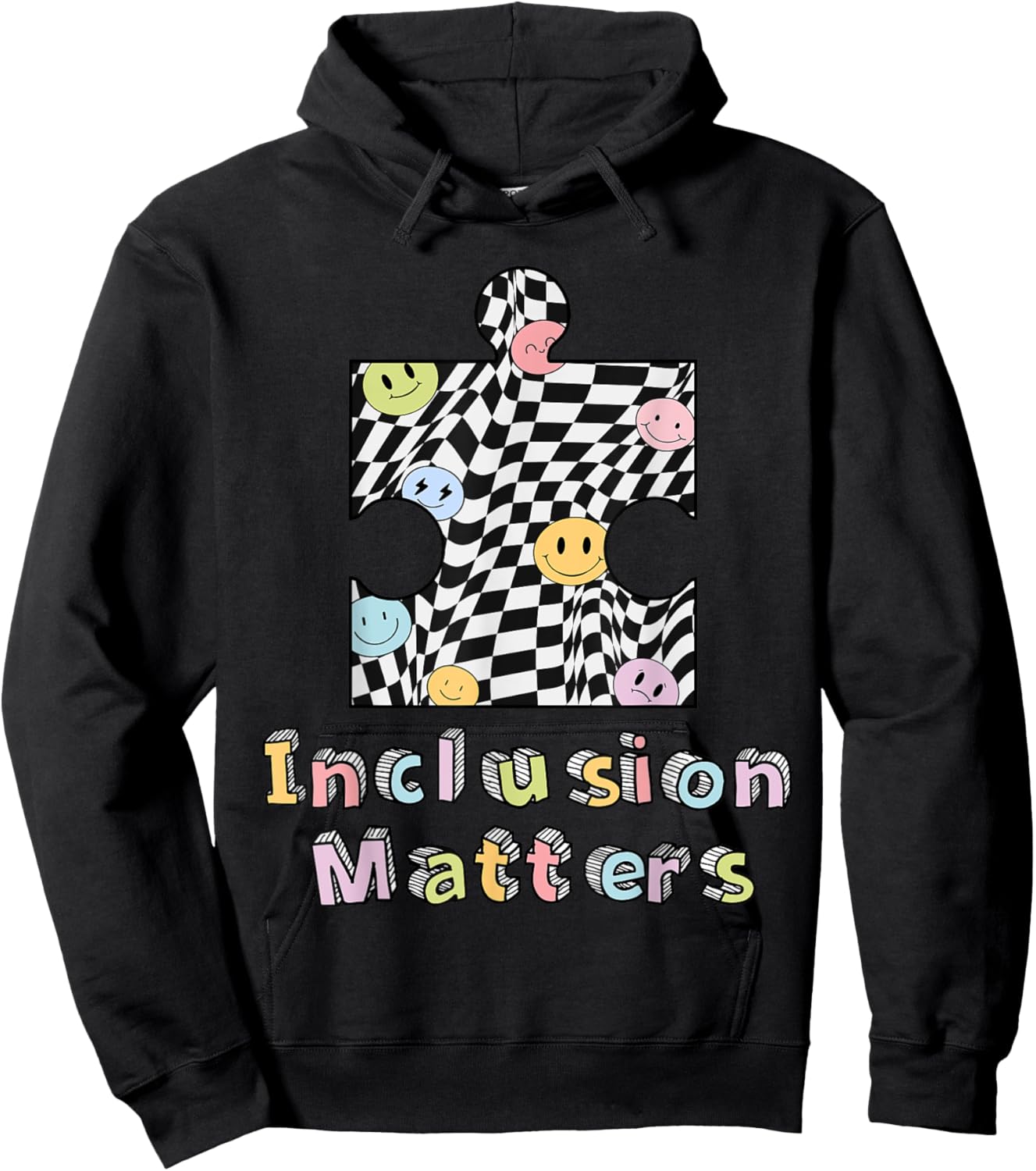 Inclusion Matters Groovy Checkered Puzzle Piece Autism Kids Hoodie - Hoodie | Black