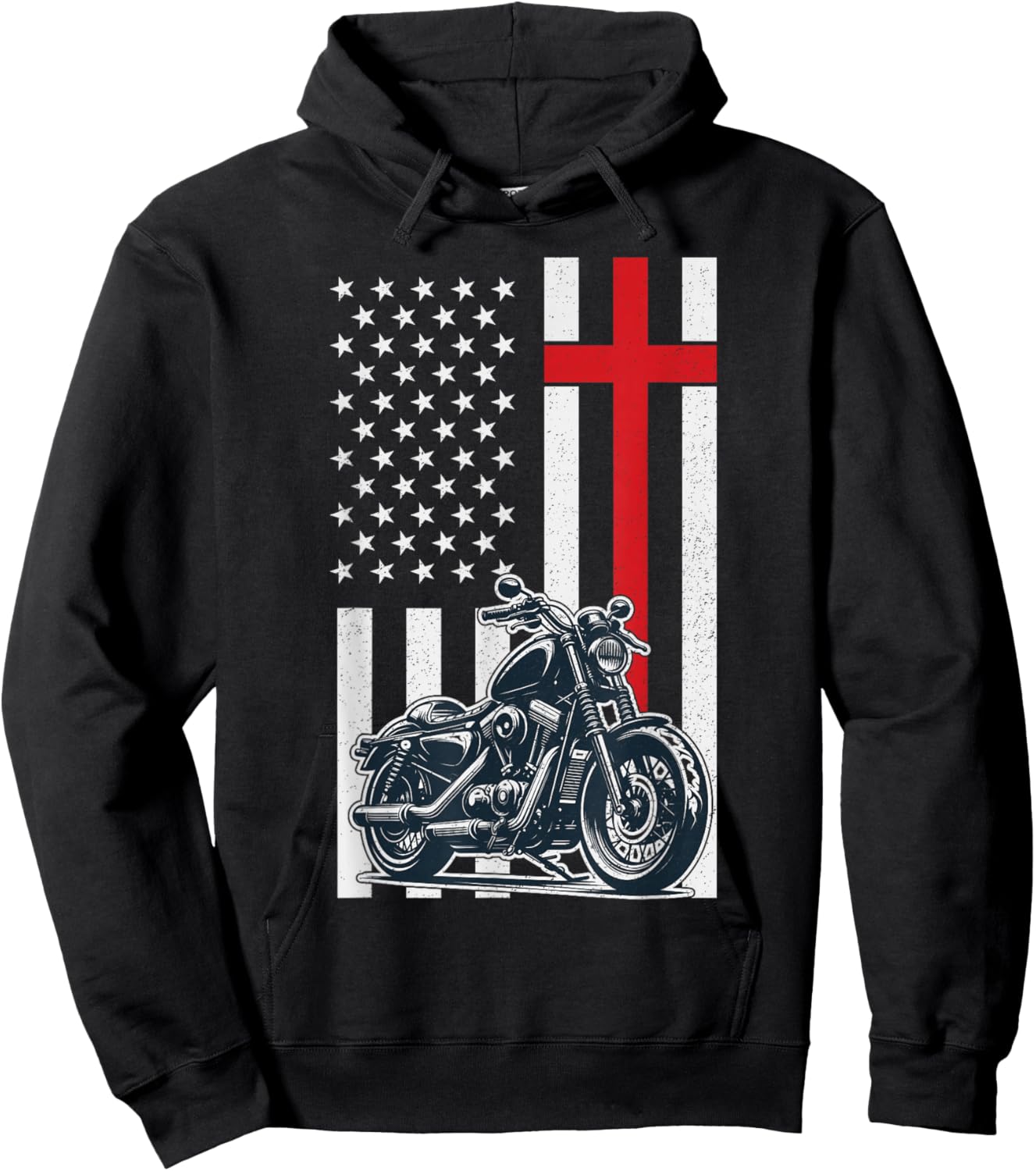 Christian Biker Motorcycle American Flag Cross Hoodie - Hoodie | Black
