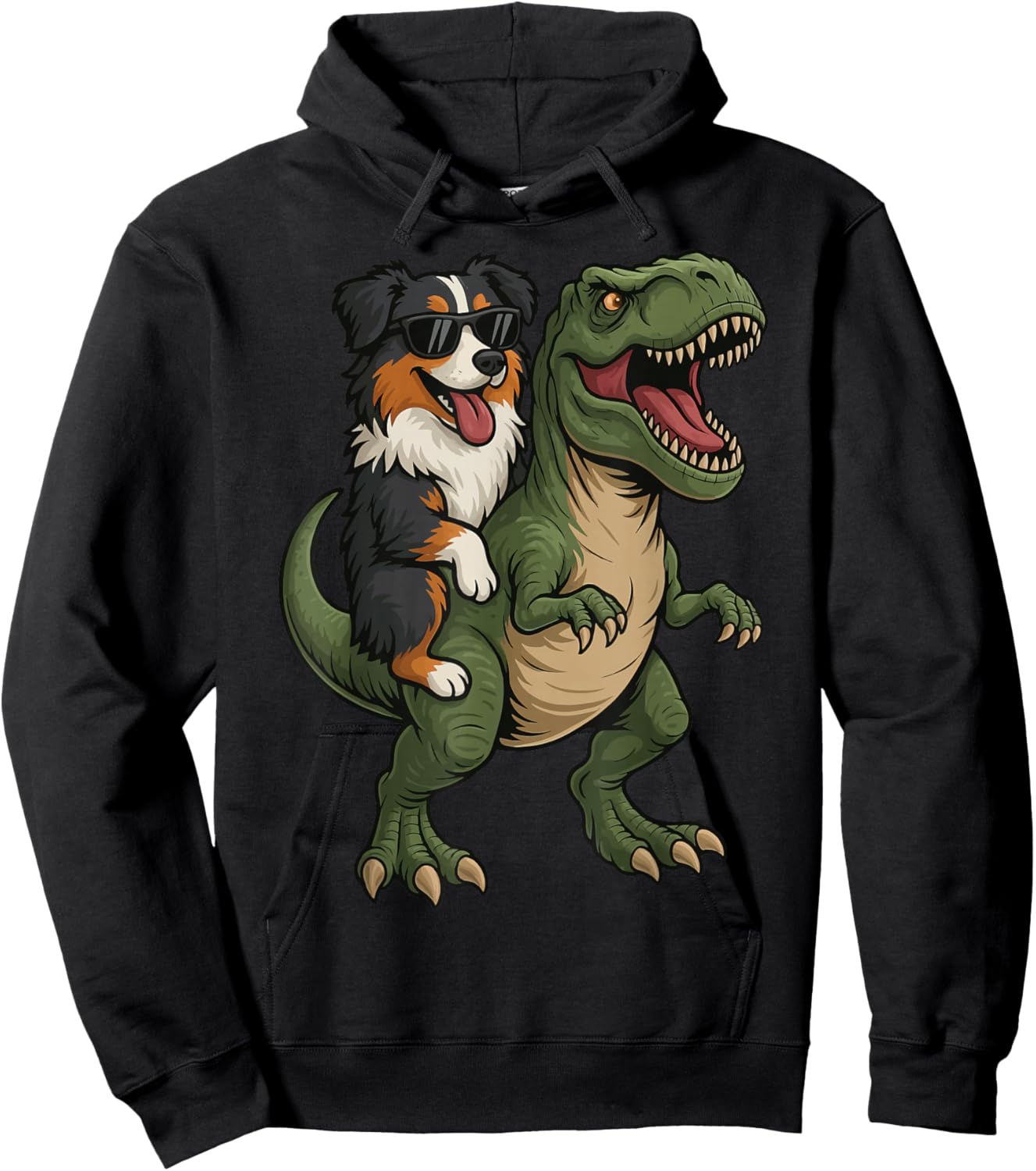 Australian Shepherd Riding T-Rex Hoodie - Hoodie | Black