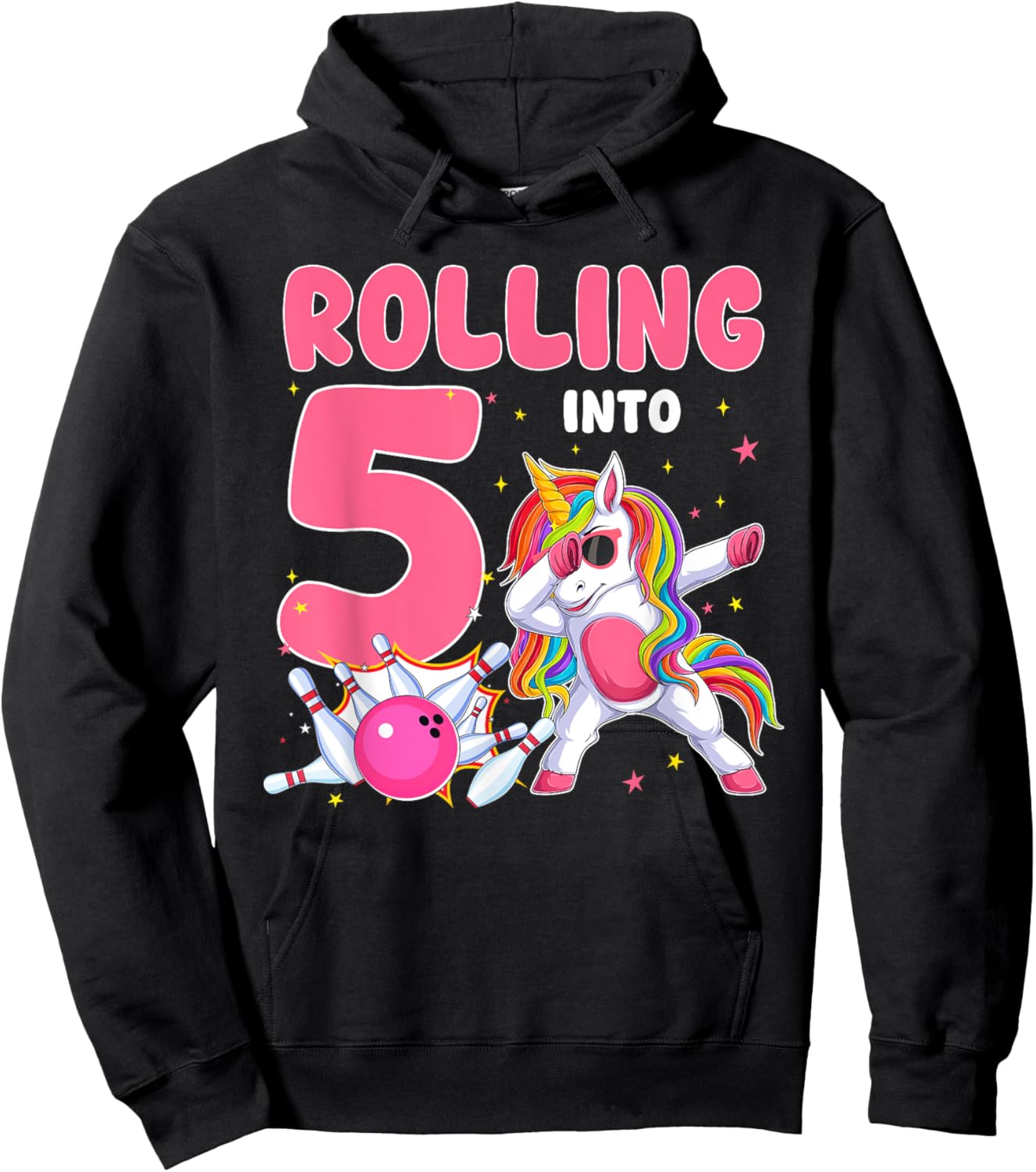 Rolling Into 5 5th Birthday Unicorn Bowling 5 Year Old Hoodie - Hoodie | Black