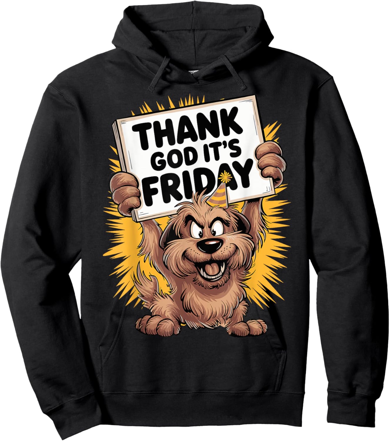 Thank God It's Friday Cheerful Dog Cartoon Design Hoodie - Hoodie | Black
