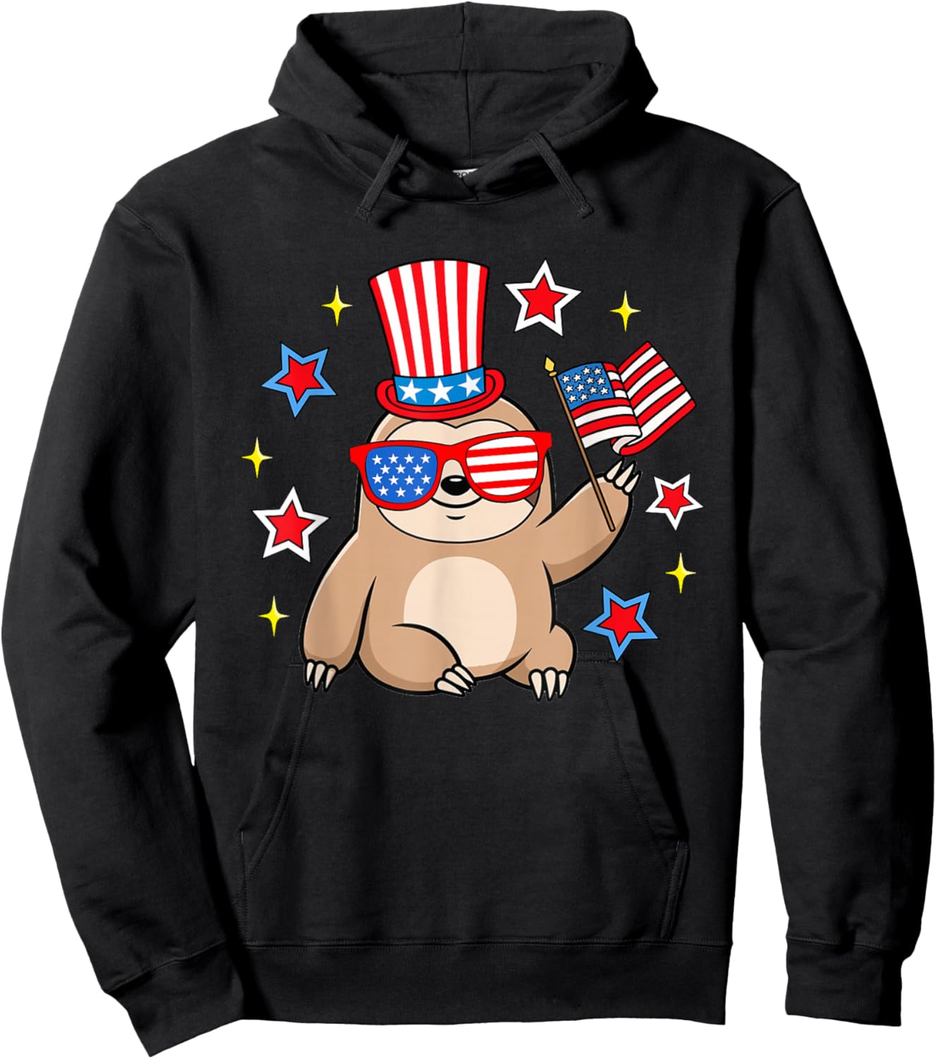 Cute Sloth American Flag Patriotic Funny 4th of July Hoodie - Hoodie | Black