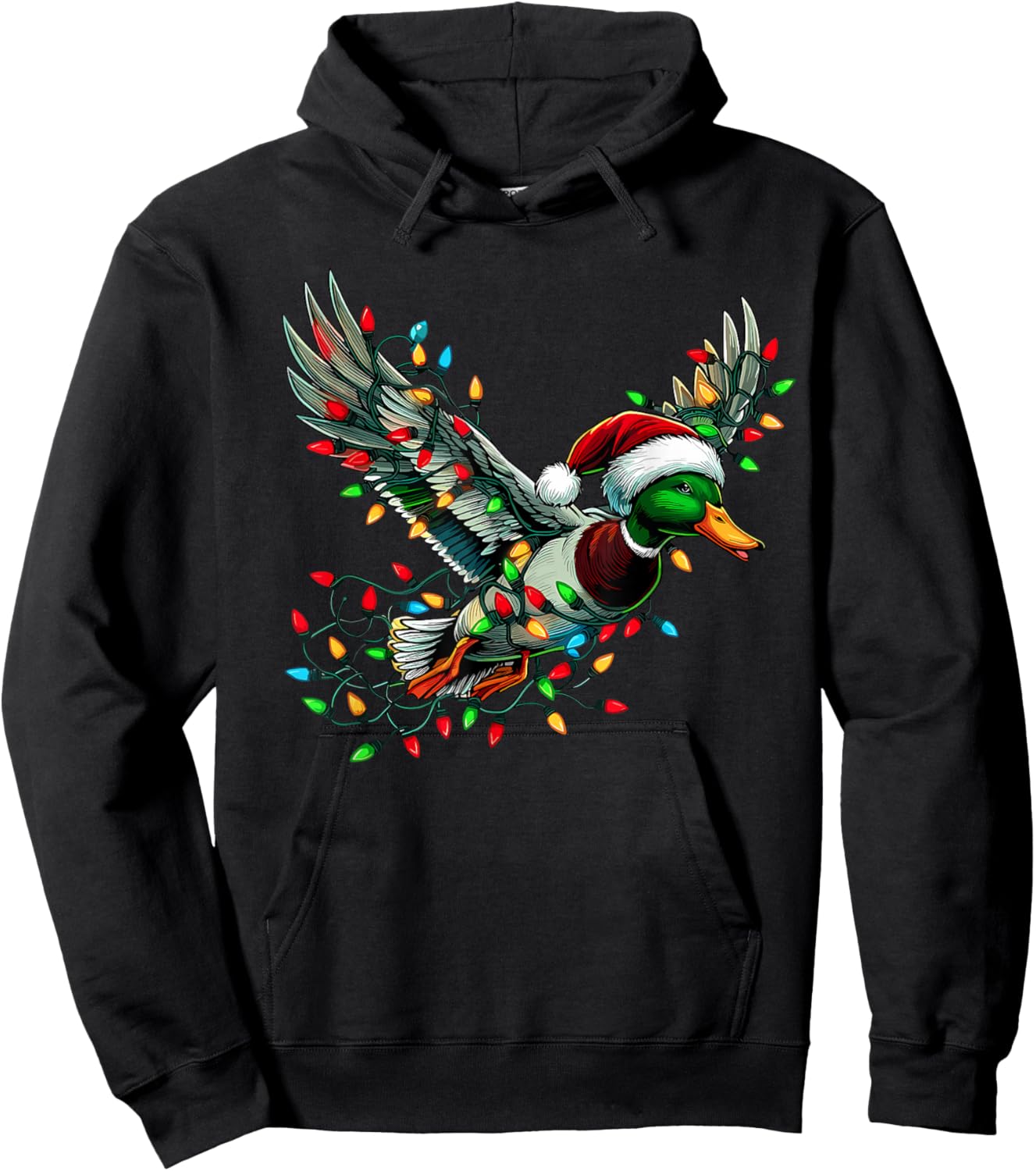 Flying Santa Duck with Christmas Lights Hunting Season Hoodie - Hoodie | Black