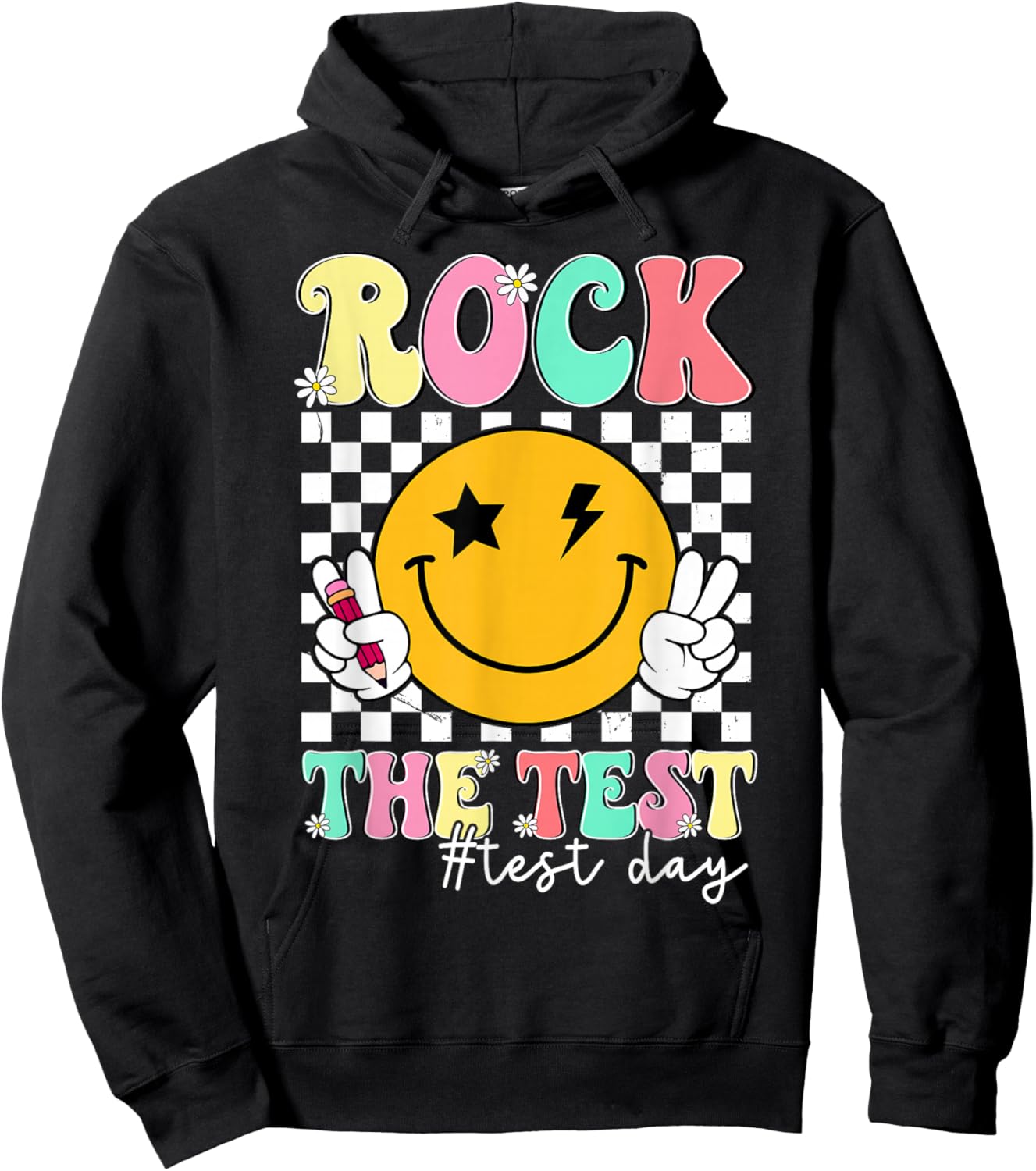 Rock The Test Testing Day Smile Face Teacher Motivational Hoodie - Hoodie | Black