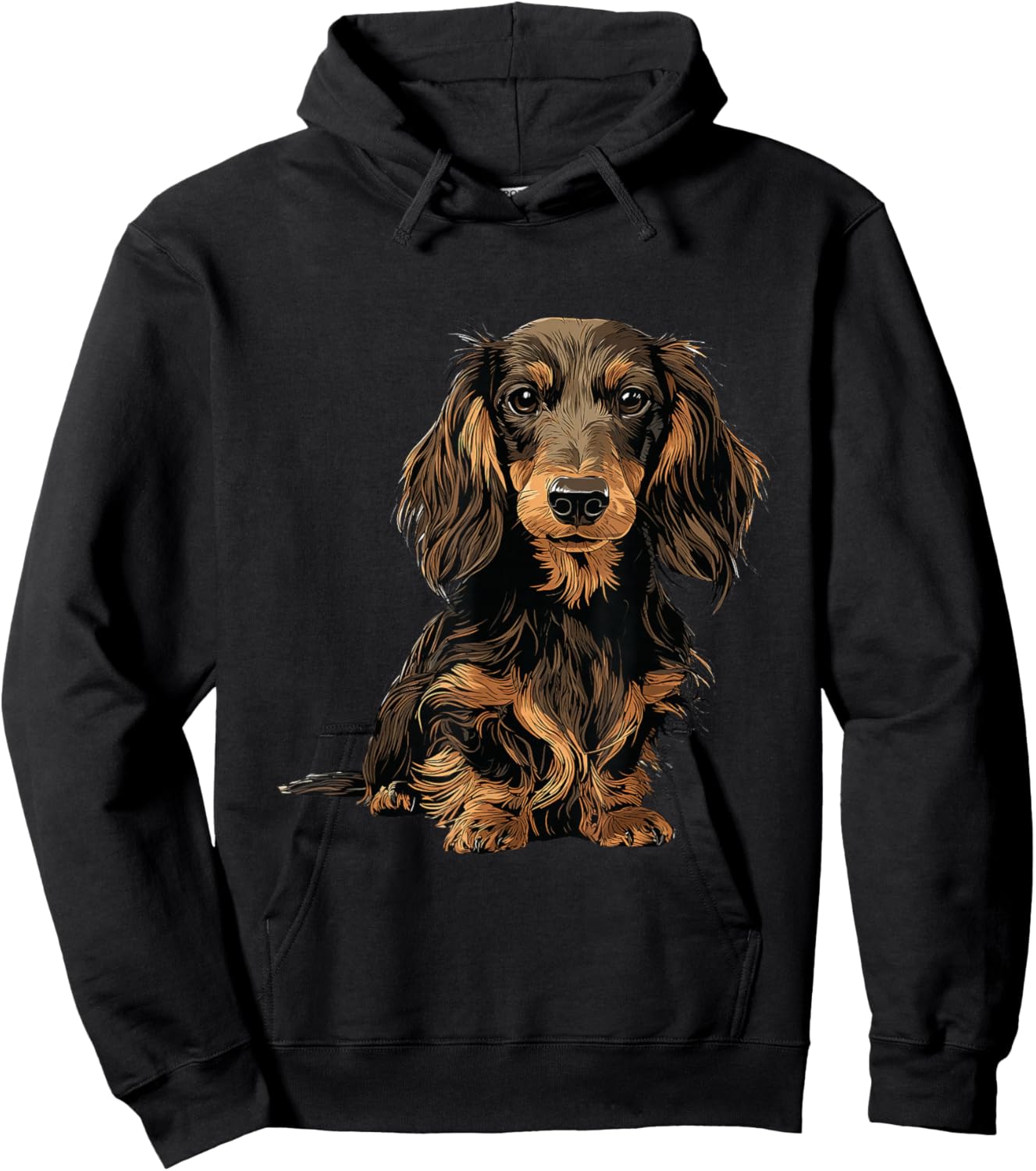 Black and Tan Long Hair Dachshund Dog Illustration Hoodie - Hoodie | Black
