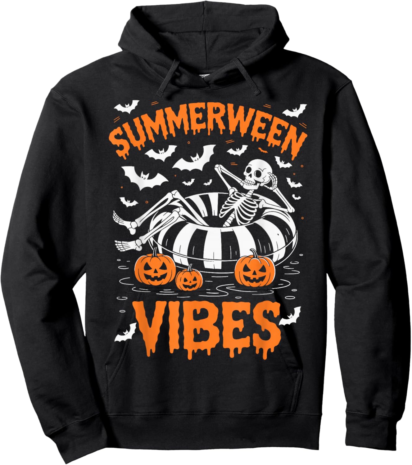Summerween Vibes Skeleton Floating Pool Pumpkin Halloween Hoodie - Hoodie | Black