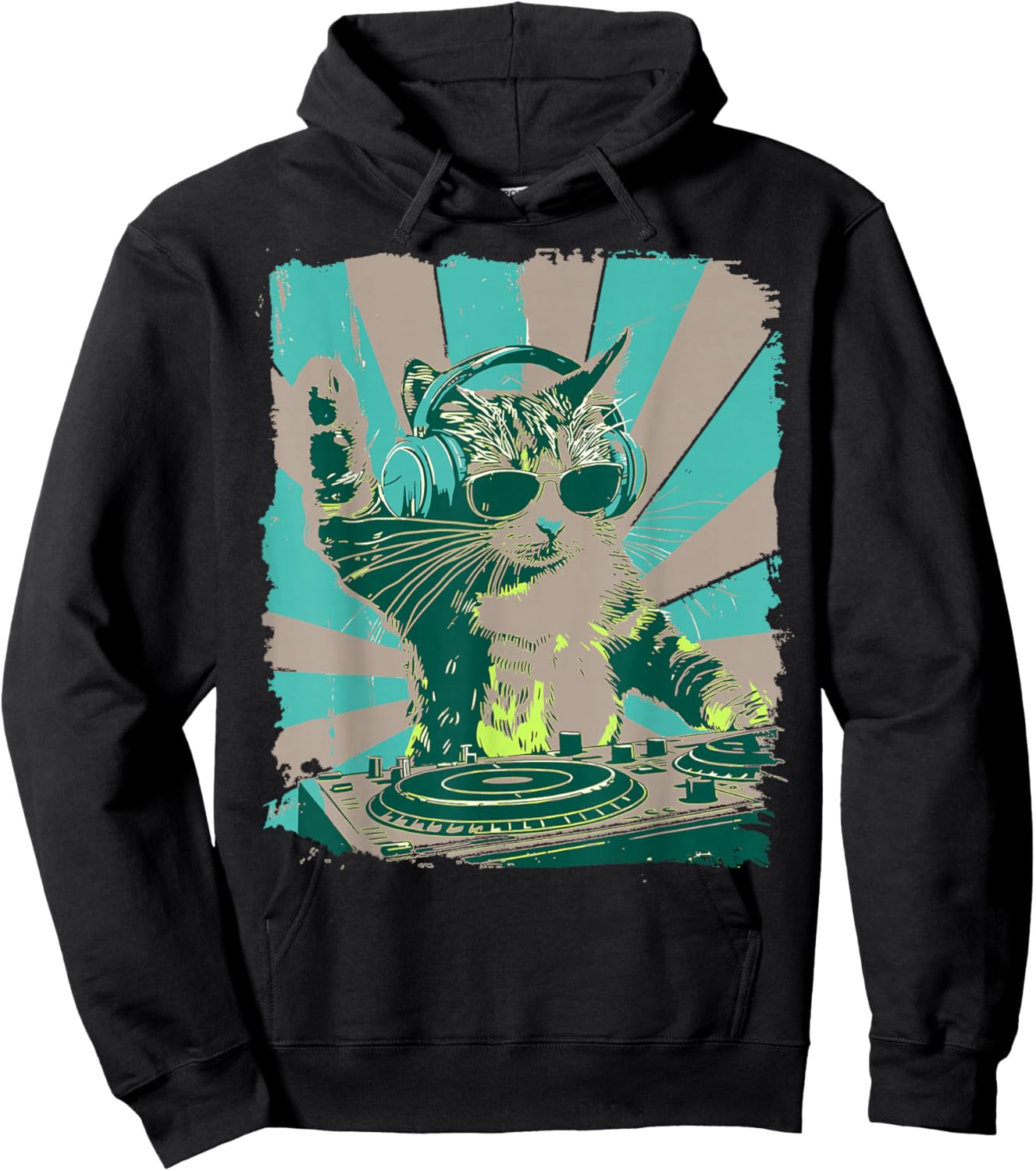 Funny Cat with Headphones & Sunglasses Vintage Art Hoodie - Hoodie | Black