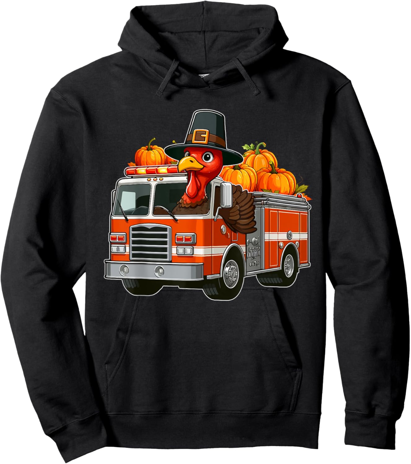 Turkey Driving Fire Truck Thanksgiving Driver Fall Pumpkins Hoodie - Hoodie | Black