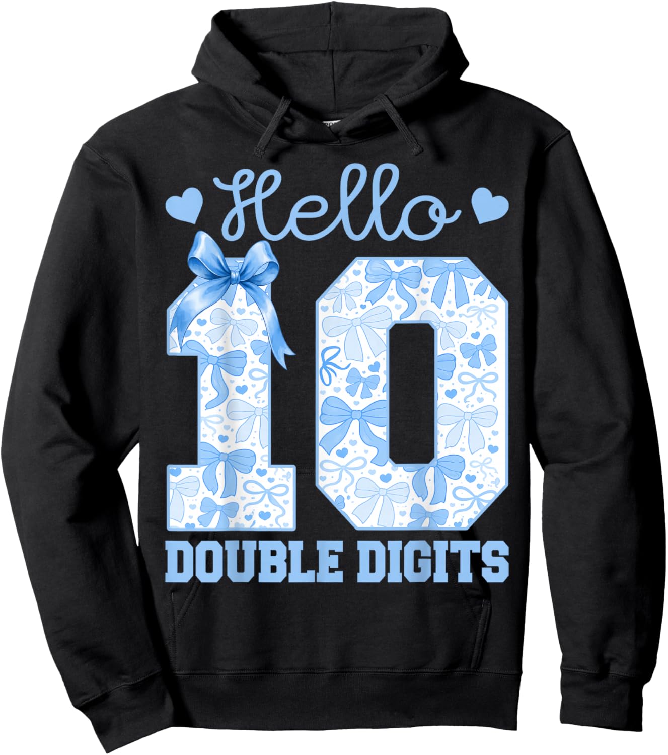 Hello Ten 10th Birthday Blue Coquette Bow 10 Year Girl Hoodie - Hoodie | Black