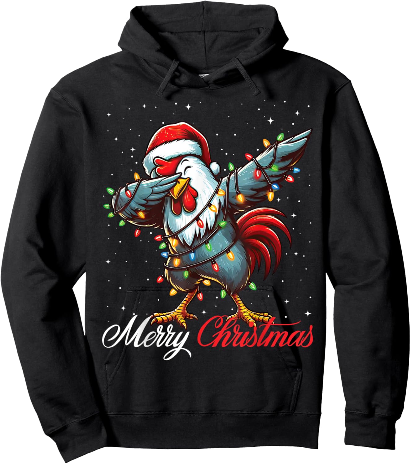 Dabbing Rooster Merry Christmas Lights Santa Hat Xmas Snow Hoodie - Hoodie | Black