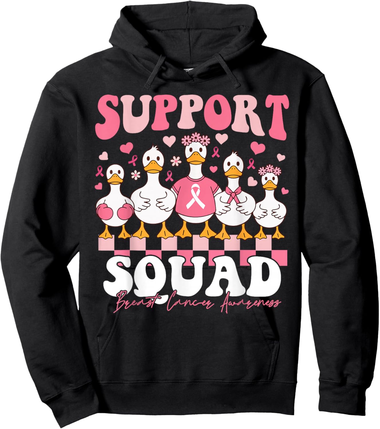 Support Squad Goose Breast Cancer Coquette Bow Pink Ribbons Hoodie - Hoodie | Black