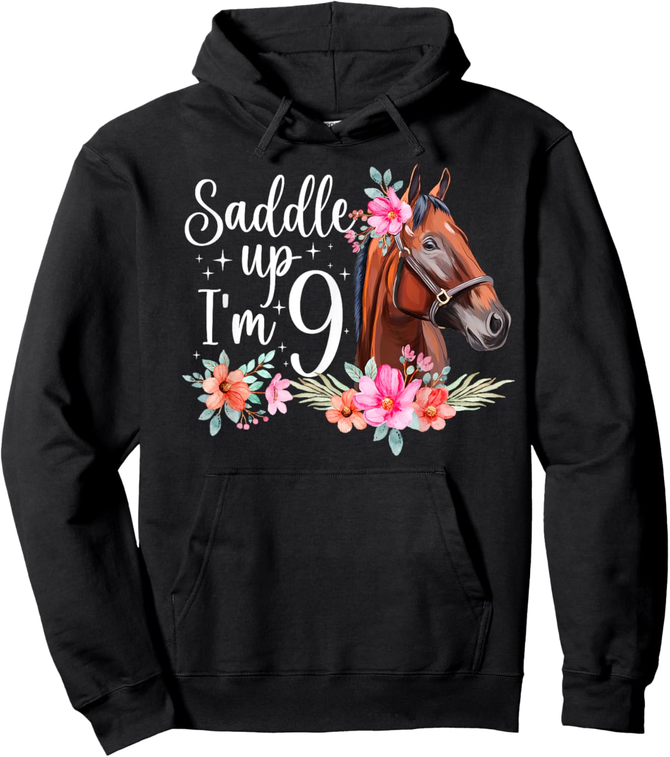9th Horse Birthday Nine Year Old Girl Horses Birthday Hoodie - Hoodie | Black