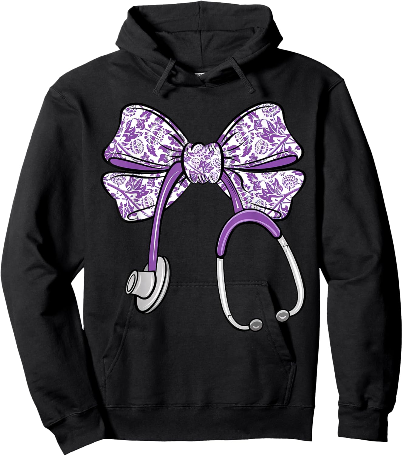 Cute Floral Coquette Purple Nurse Bow Ribbon Stethoscope RN Hoodie - Hoodie | Black