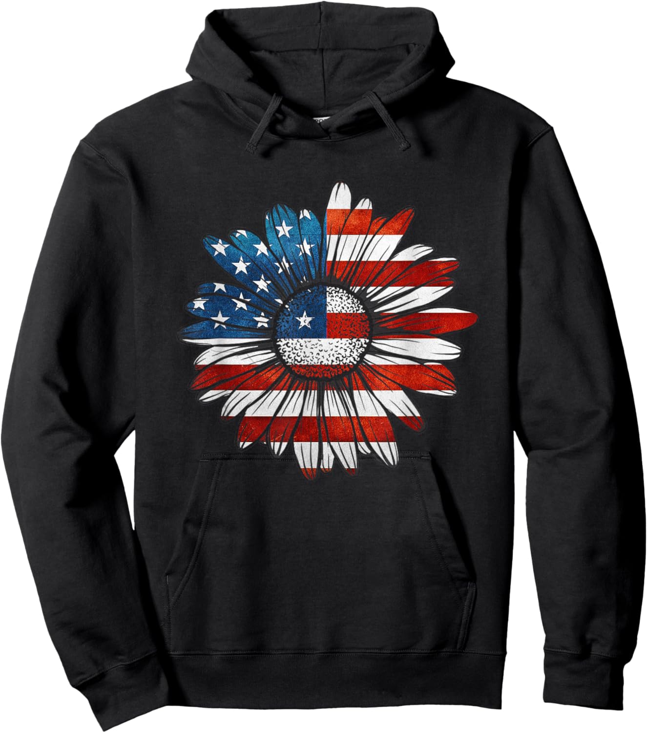 Vintage Daisy USA American Flag 4th of July Patriotic Flower Women Kids Men Hoodie - Hoodie | Black