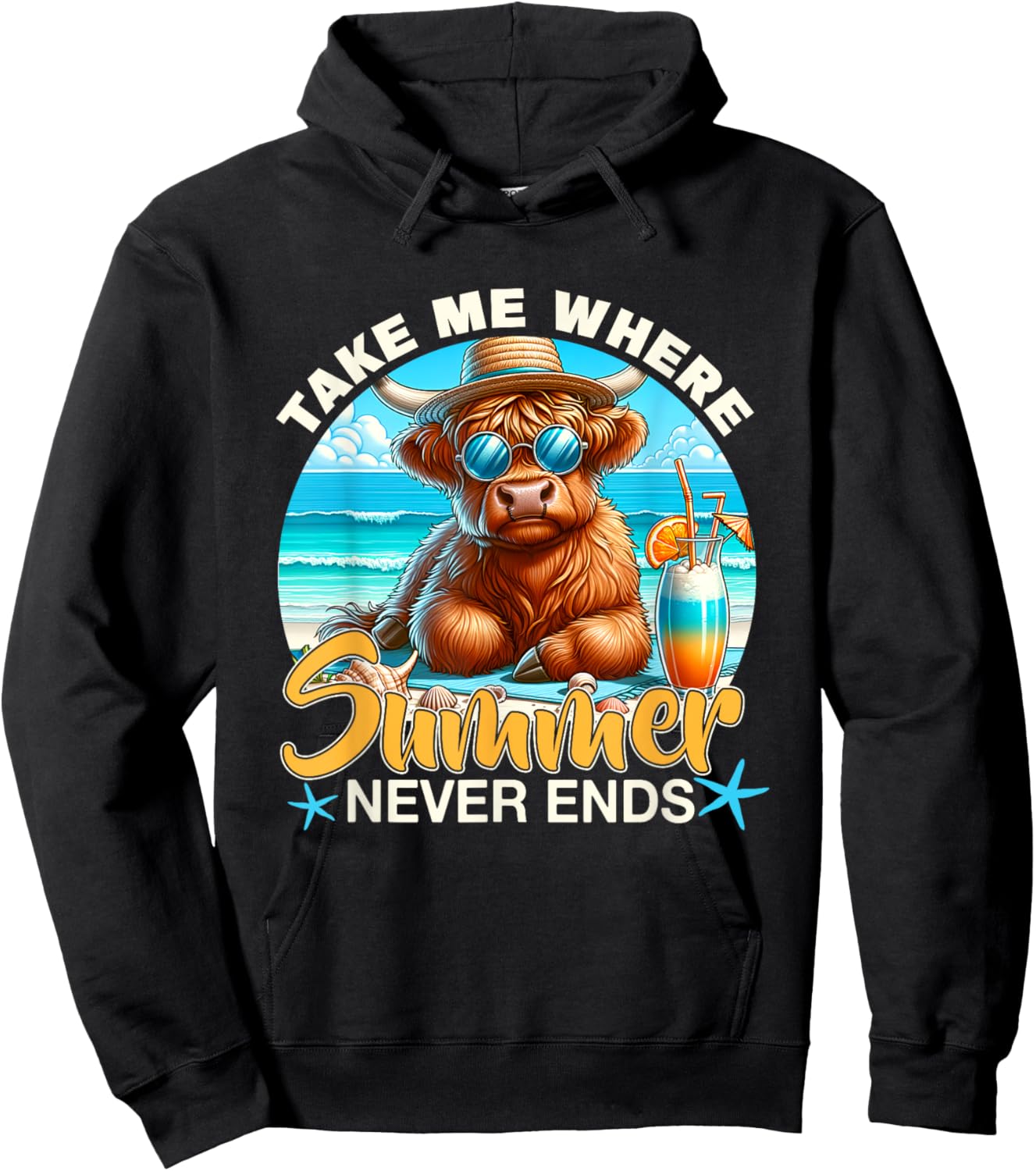 Take Me Where Summer Never-Ends Highland Cow Beach Trip Hoodie - Hoodie | Black