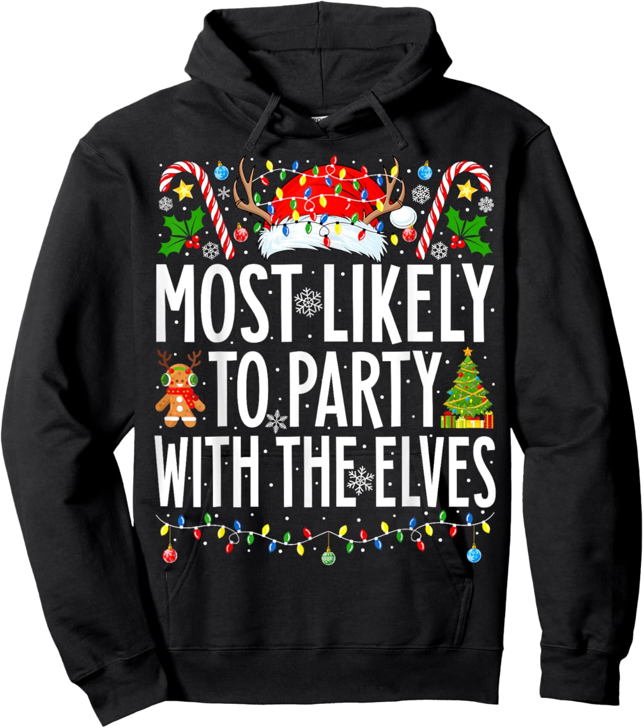 Most Likely To Party With The Elves Xmas Family Christmas Hoodie - Hoodie | Black