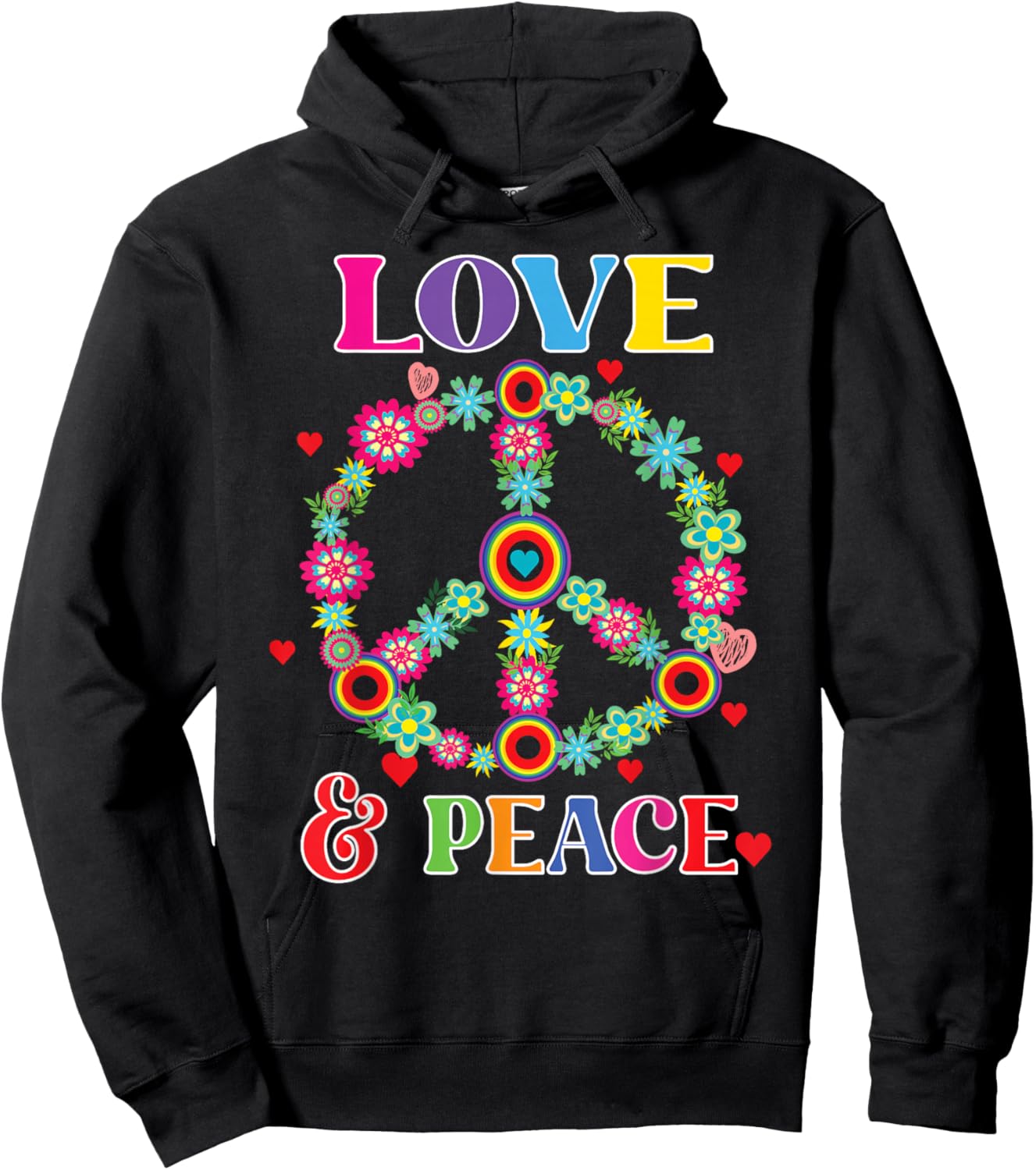 Peace Love 60s 70s Flower Power Hippie Outfit Hoodie - Hoodie | Black