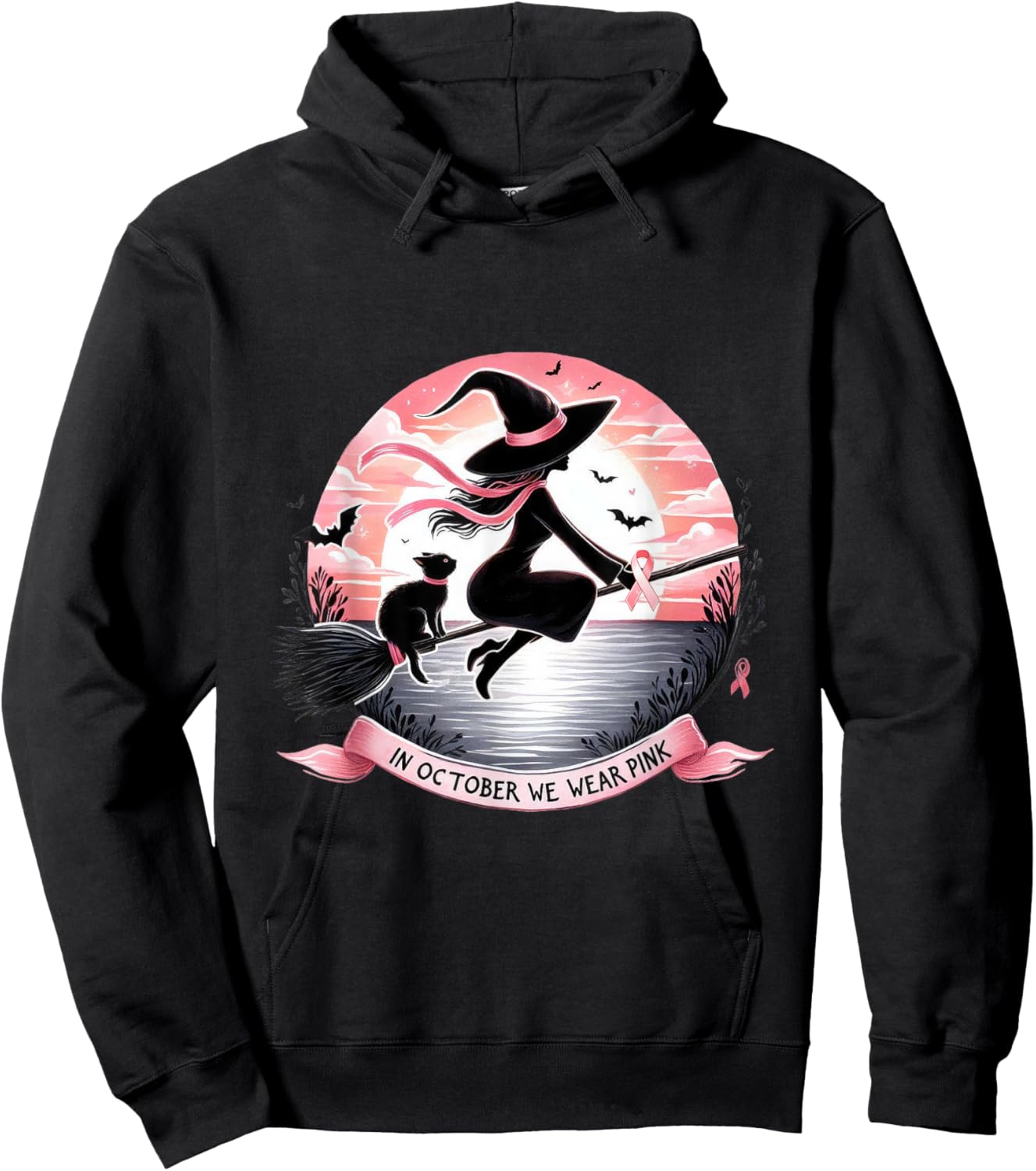 Witch In October We Wear Pink Ribbon Breast Cancer Awareness Hoodie - Hoodie | Black