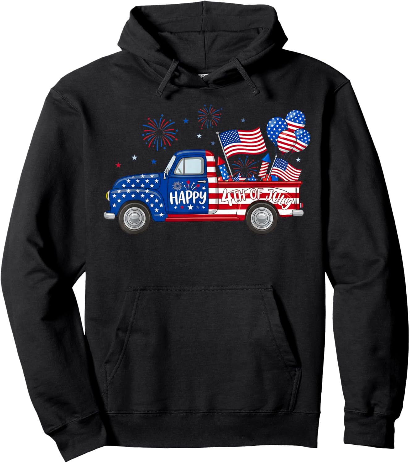 Classic Patriotic Truck Happy 4th of July USA Flag Farmhouse Hoodie - Hoodie | Black