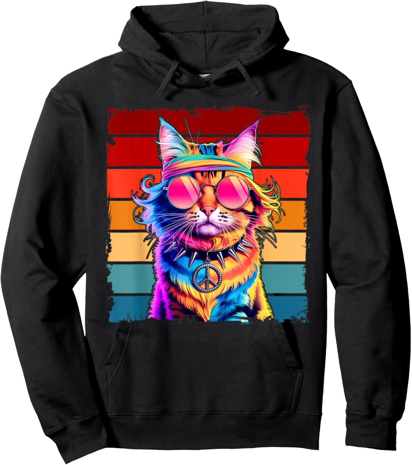 Psychedelic Peace Cat Colorful Hippie Retro Groovy Vibes Men Women Kids Hoodie - Hoodie | Black