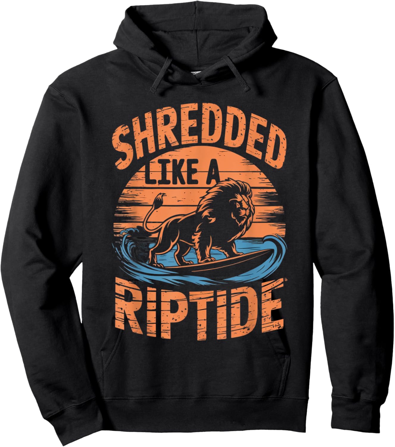 Retro Gym Bro SHREDDED LIKE A RIPTIDE Beach Sea Surfer Lion Hoodie - Hoodie | Black