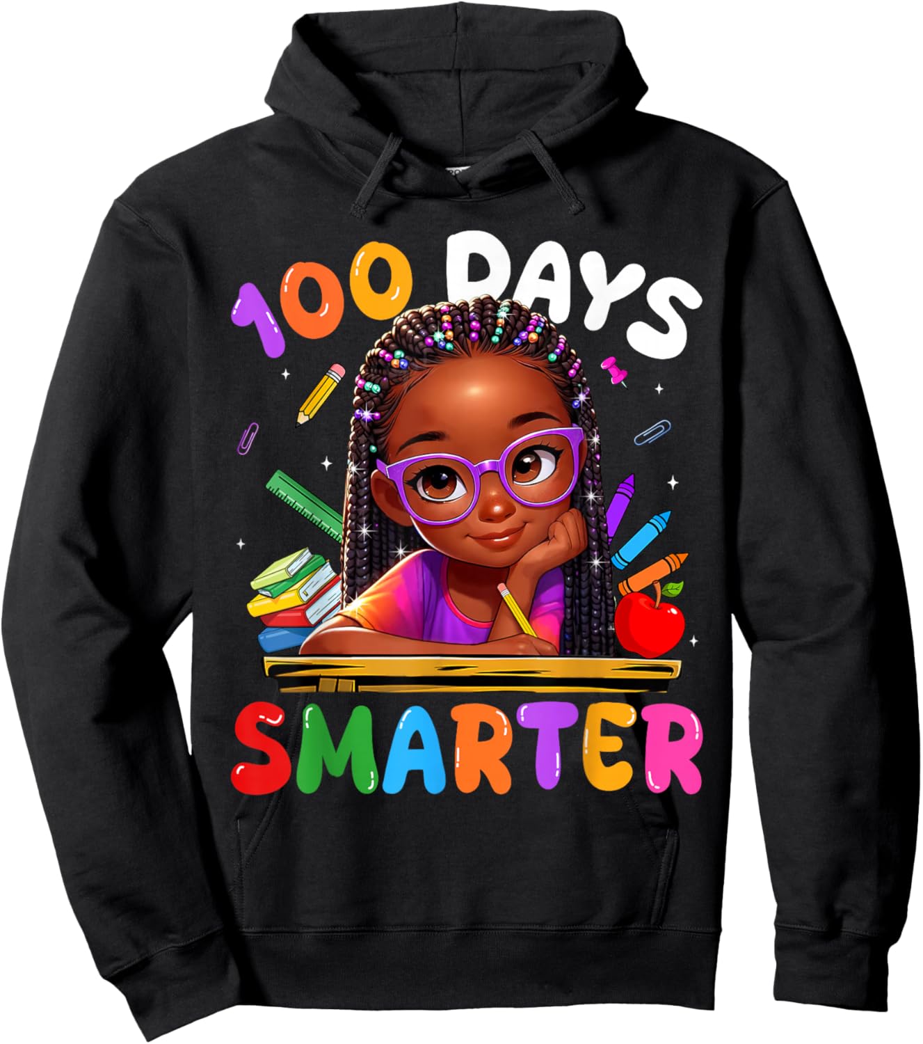 100 Days Smarter Black Girl Messy Bun 100th Day of School Hoodie - Hoodie | Black
