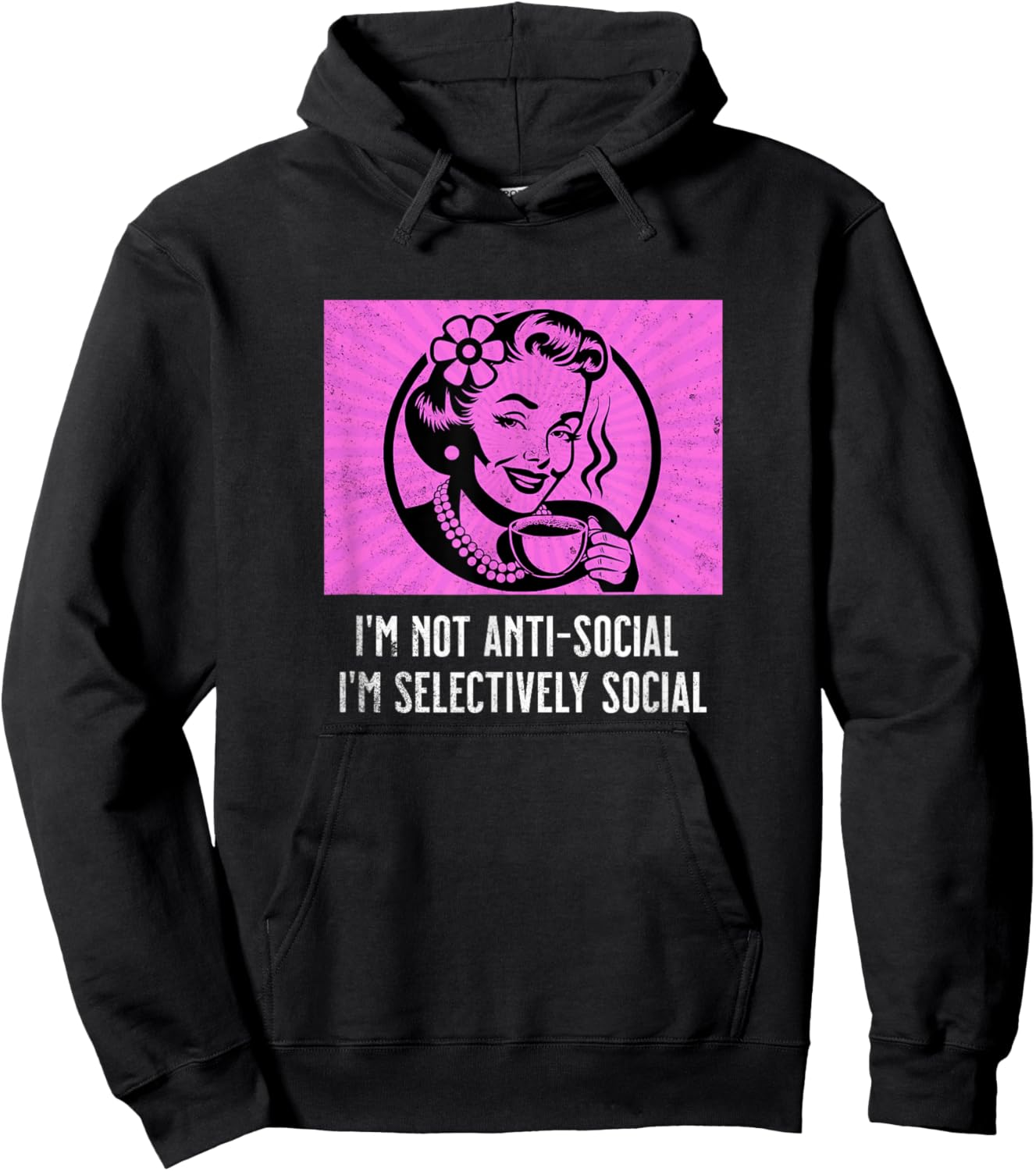 Retro Woman Coffee Funny Sarcastic Selectively Social Meme Hoodie - Hoodie | Black